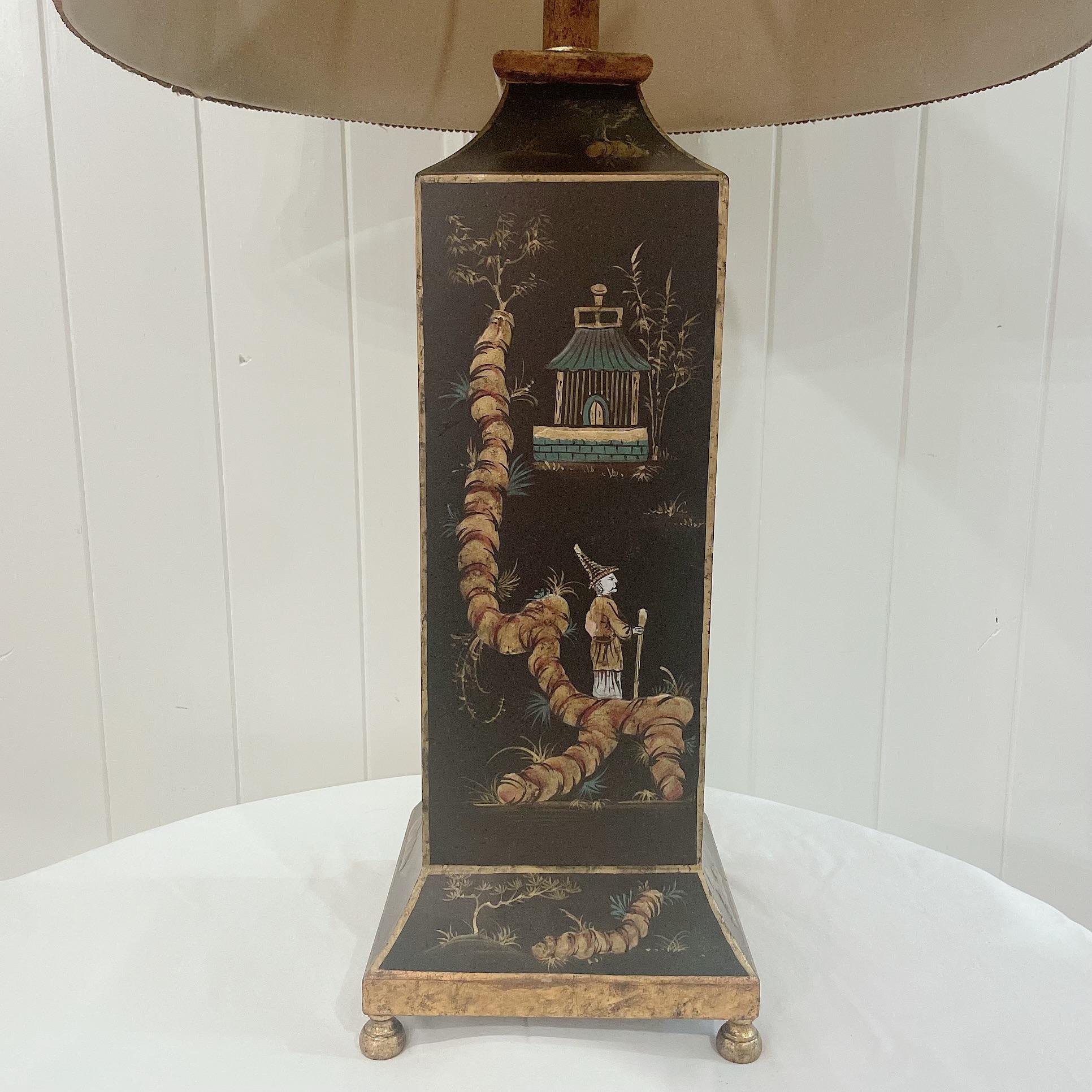 Late 20th Century Chinoiserie Black With 4 Different Asian Scenes Tole Table Lam For Sale 5