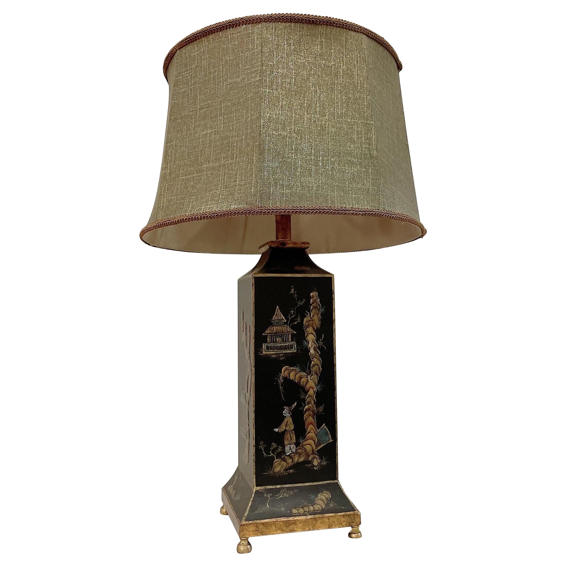 Fin du 20ème siècle Chinoiserie Noir Avec 4 Scènes Asiatiques Différentes Table Tole Lam