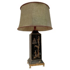 Fin du 20ème siècle Chinoiserie Noir Avec 4 Scènes Asiatiques Différentes Table Tole Lam