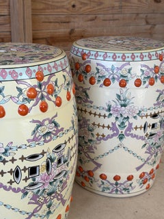 Late 20th Century Chinoiserie Chinese Export Famille Rose Garden Stools-Pair
