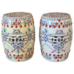 Late 20th Century Chinoiserie Chinese Export Famille Rose Garden Stools-Pair