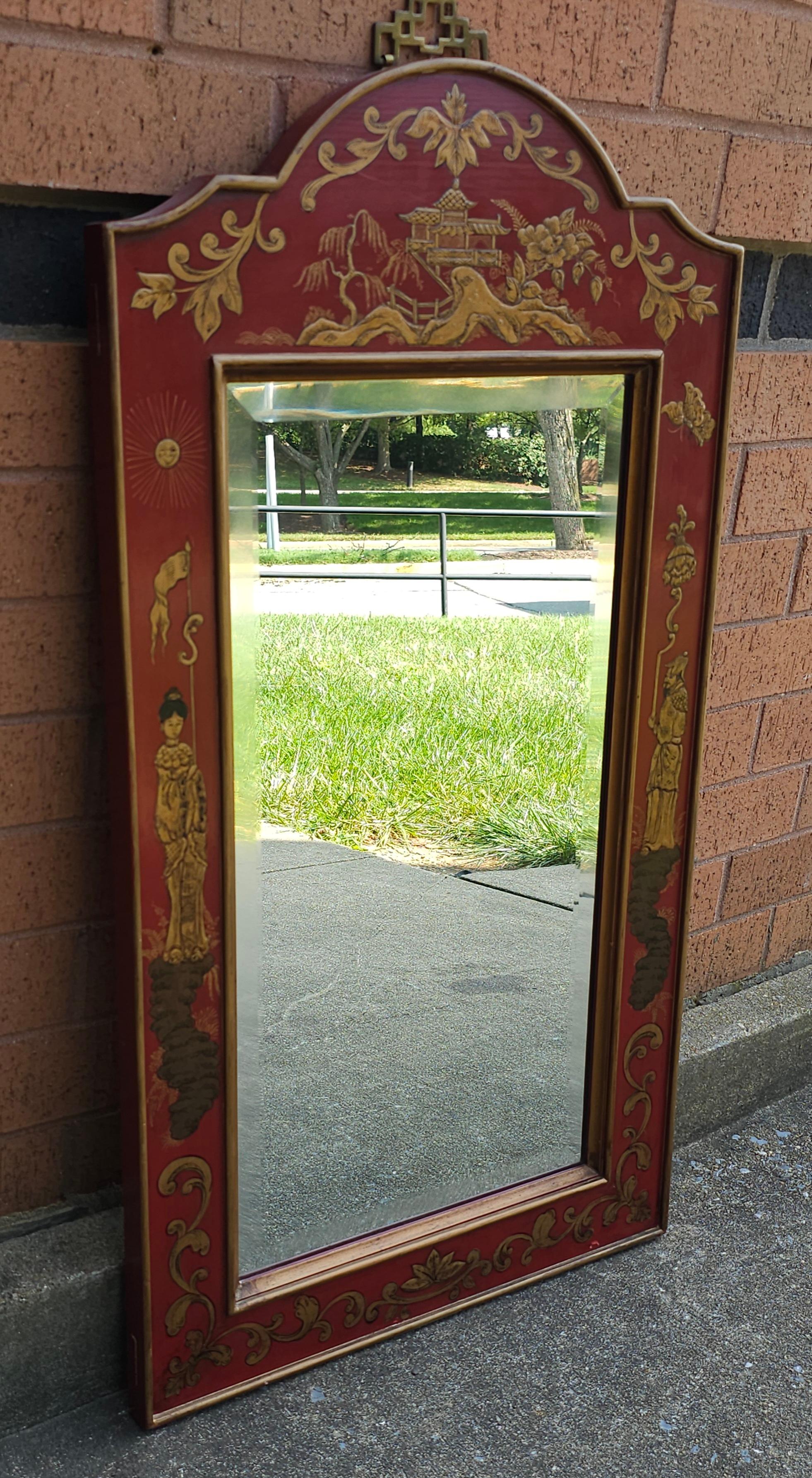 Ende des 20. Jahrhunderts Chinoiserie dekoriert roten Rahmen Wandspiegel (Chinesischer Export) im Angebot
