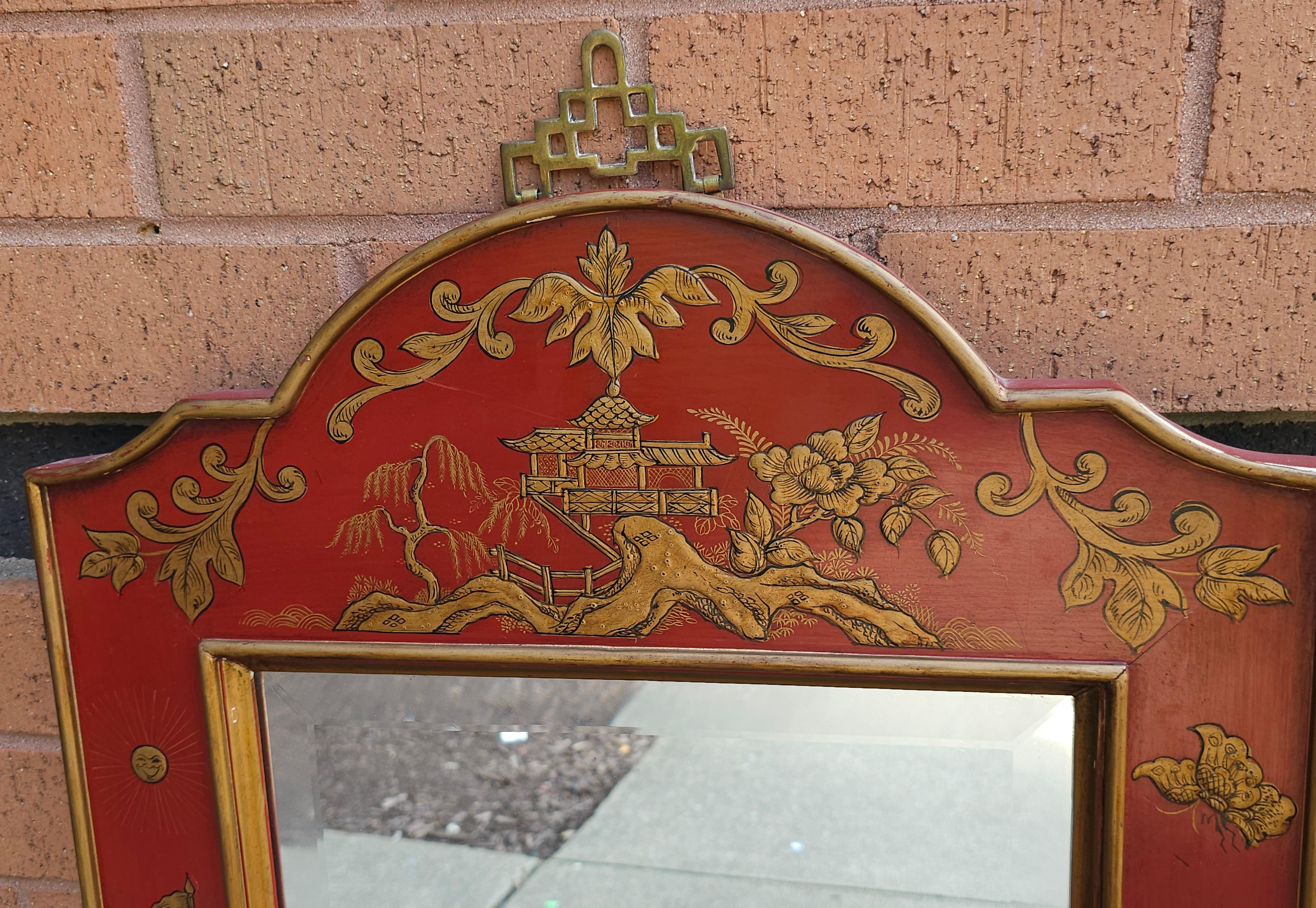 Ende des 20. Jahrhunderts Chinoiserie dekoriert roten Rahmen Wandspiegel (Unbekannt) im Angebot