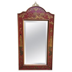 Specchio da parete con cornice rossa decorato in stile Chinoiserie della fine del XX secolo