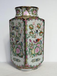 Late 20th Century Chinoiserie Decorative Famille Rose Porcelain Hexagonal Vase