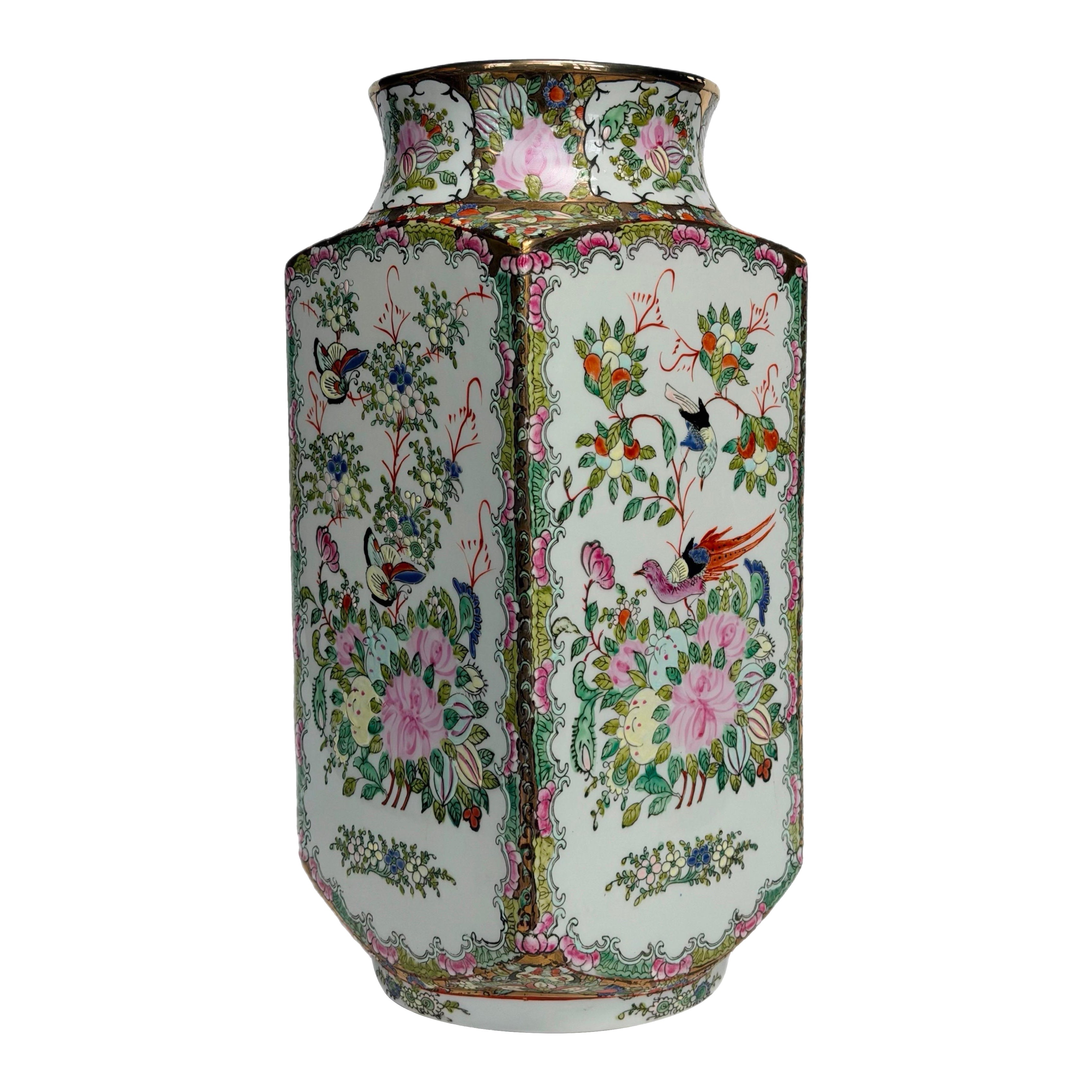 Late 20th Century Chinoiserie Decorative Famille Rose Porcelain Hexagonal Vase