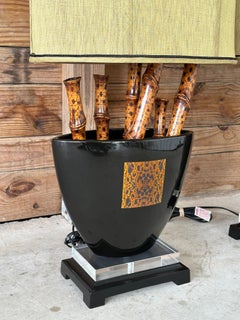 Late 20th Century Chinoiserie Faux Bamboo Glazed Ceramic Vase Table Lamps (Pair)