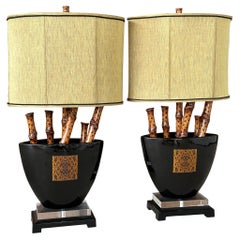 Late 20th Century Chinoiserie Faux Bamboo Glazed Ceramic Vase Table Lamps (Pair)