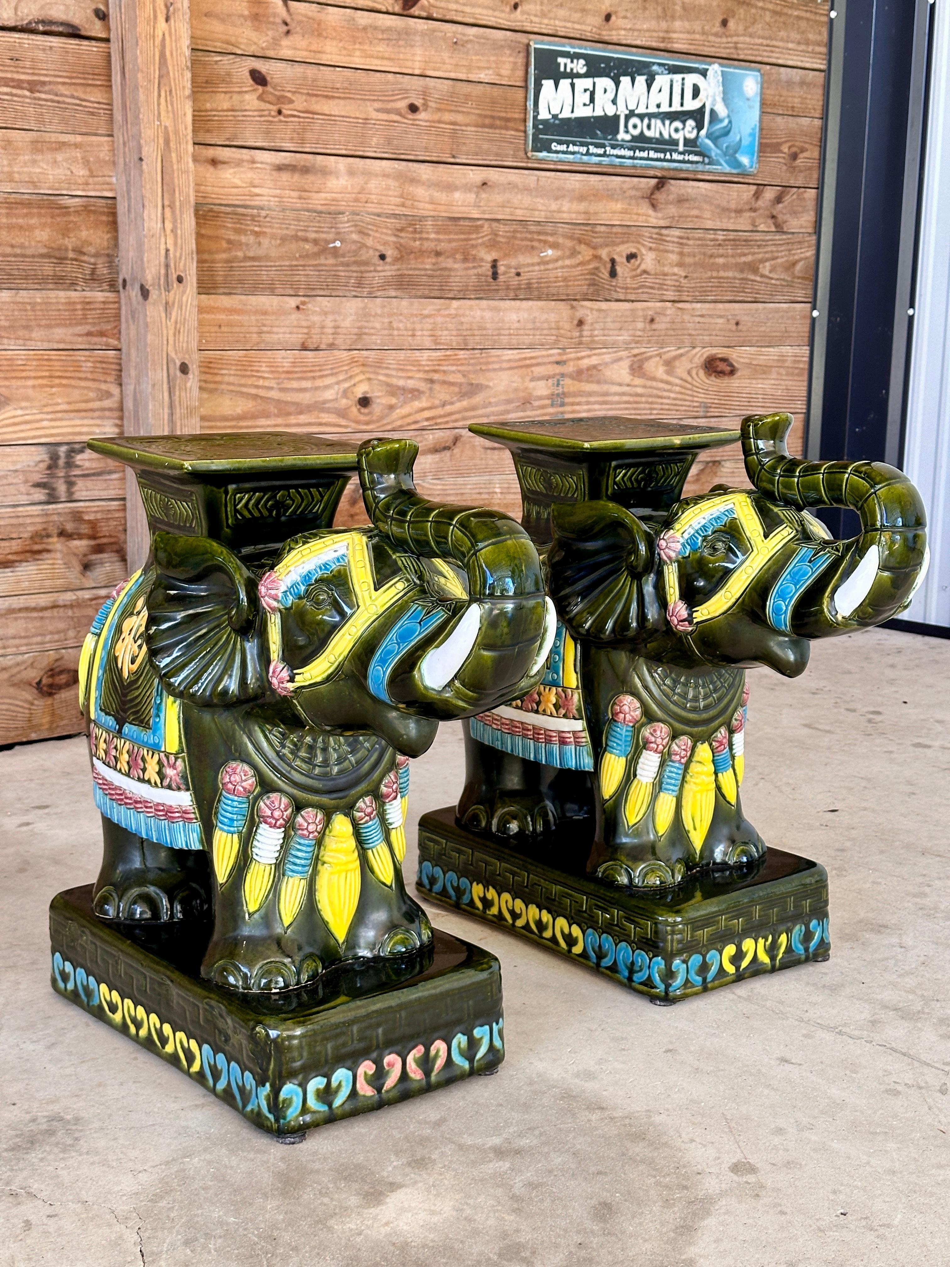 Late 20th Century Chinoiserie Glazed Elephant Garden Seat Side Tables  Pair For Sale 4