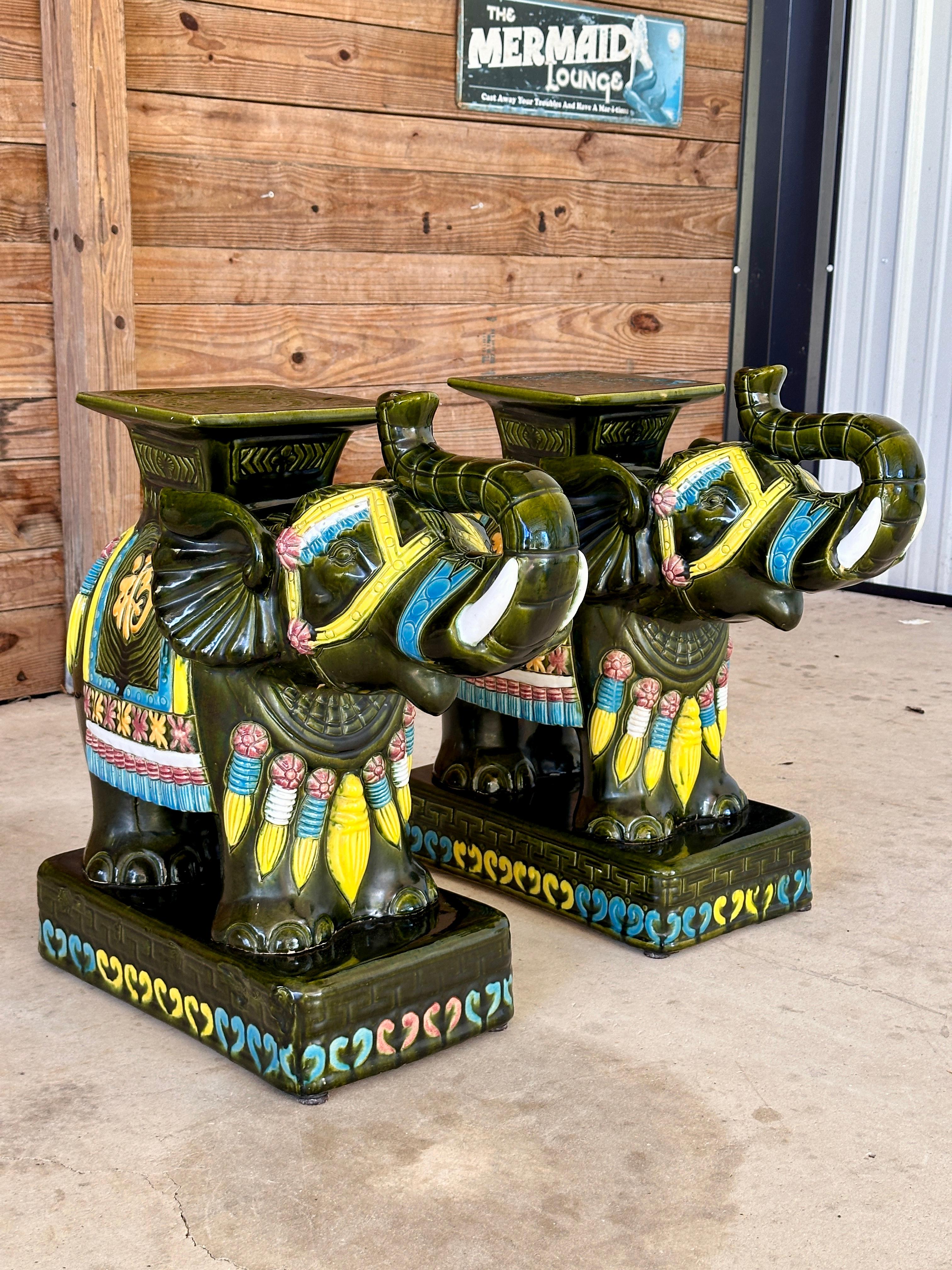 Late 20th Century Chinoiserie Glazed Elephant Garden Seat Side Tables  Pair For Sale 5