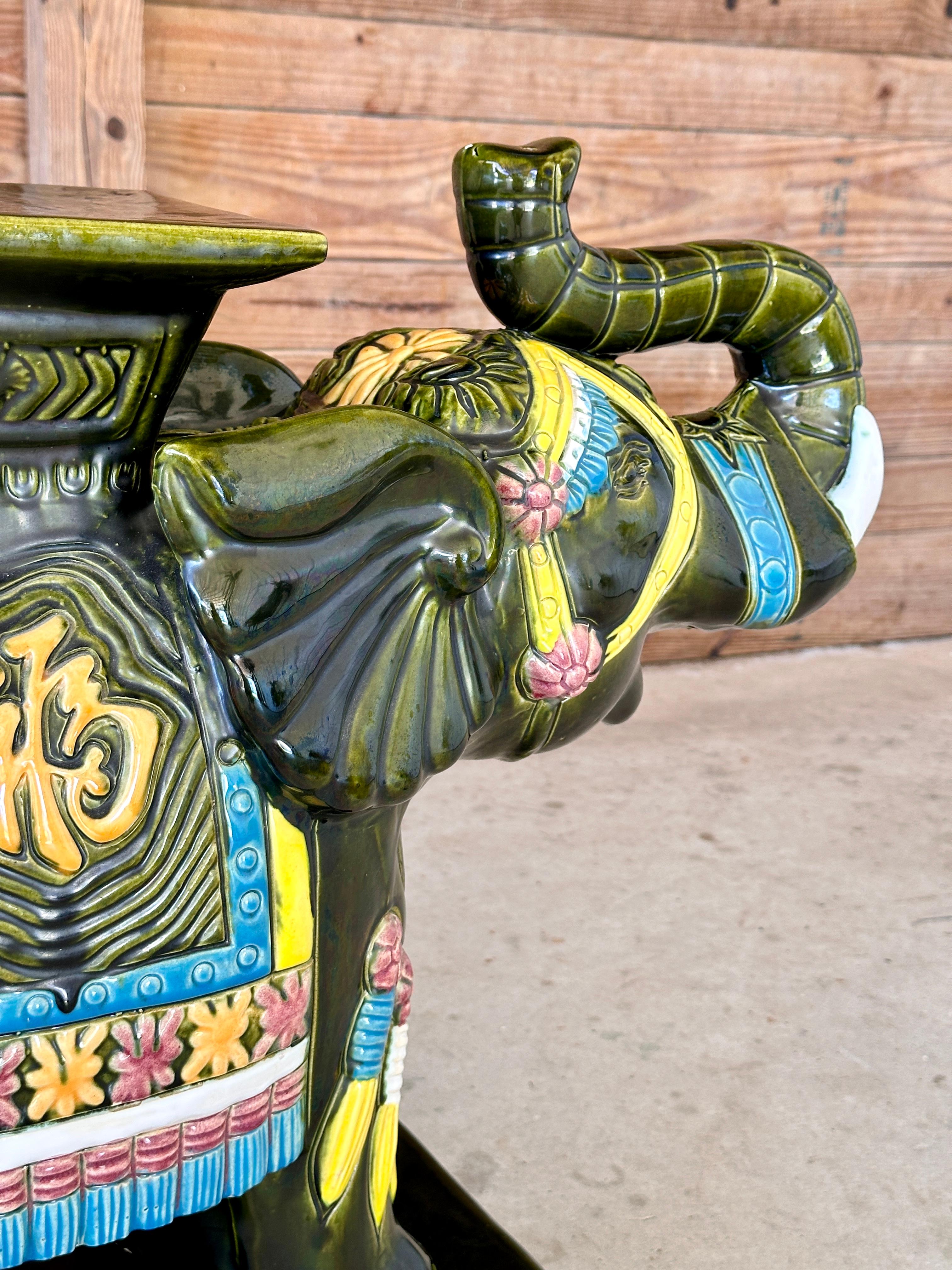 Late 20th Century Chinoiserie Glazed Elephant Garden Seat Side Tables  Pair For Sale 6