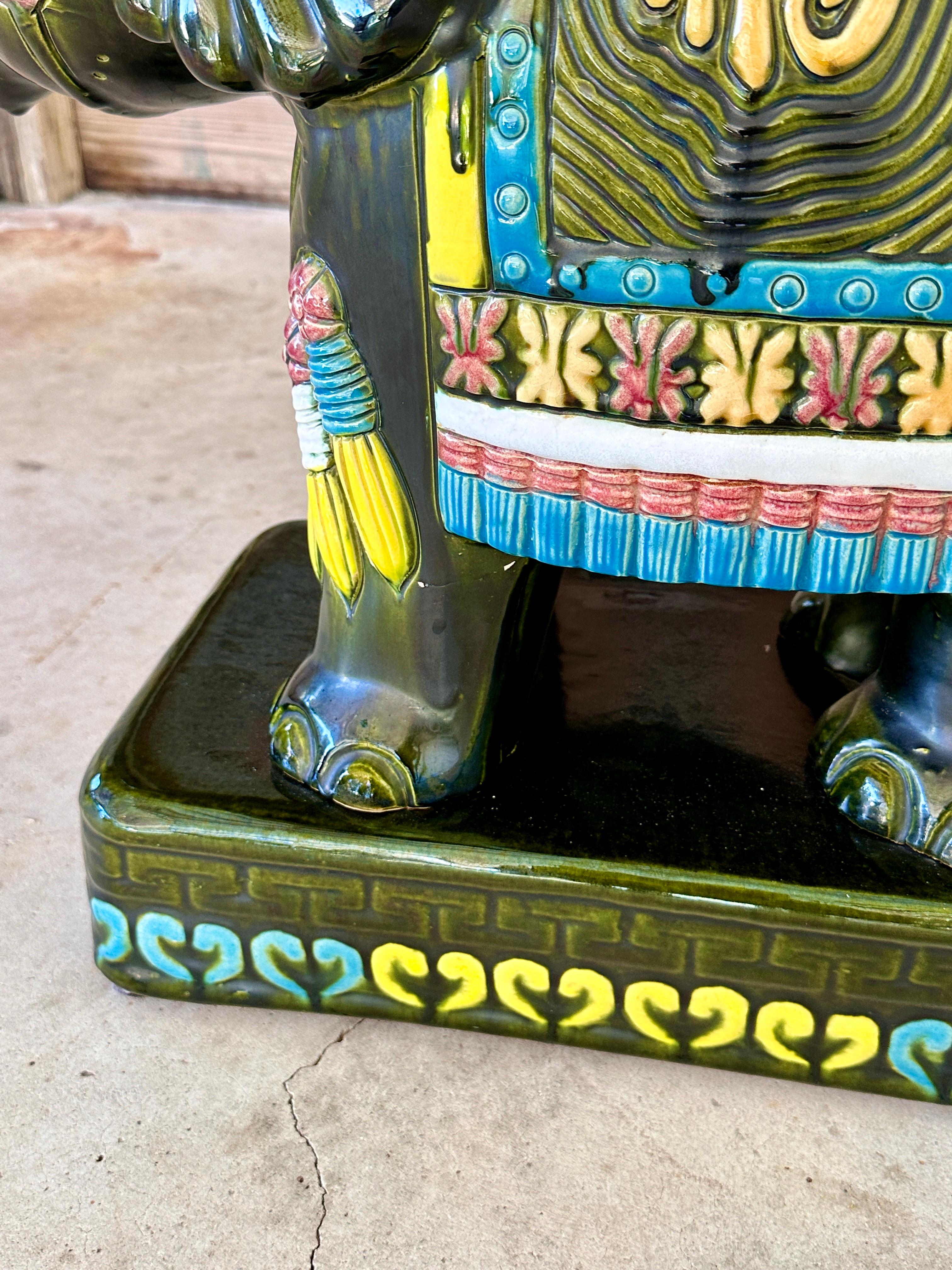 Late 20th Century Chinoiserie Glazed Elephant Garden Seat Side Tables  Pair For Sale 7