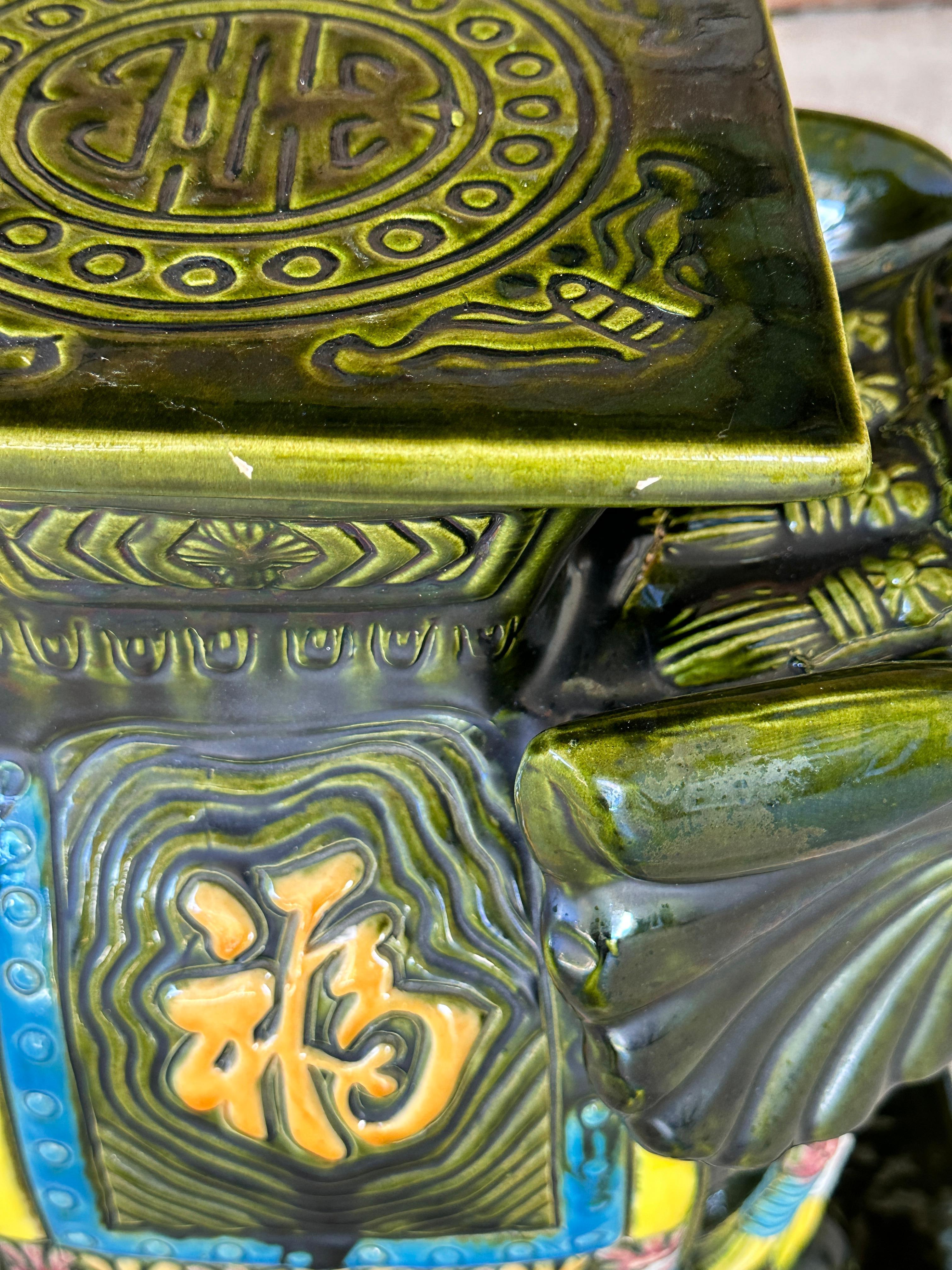 Hand-Crafted Late 20th Century Chinoiserie Glazed Elephant Garden Seat Side Tables  Pair For Sale