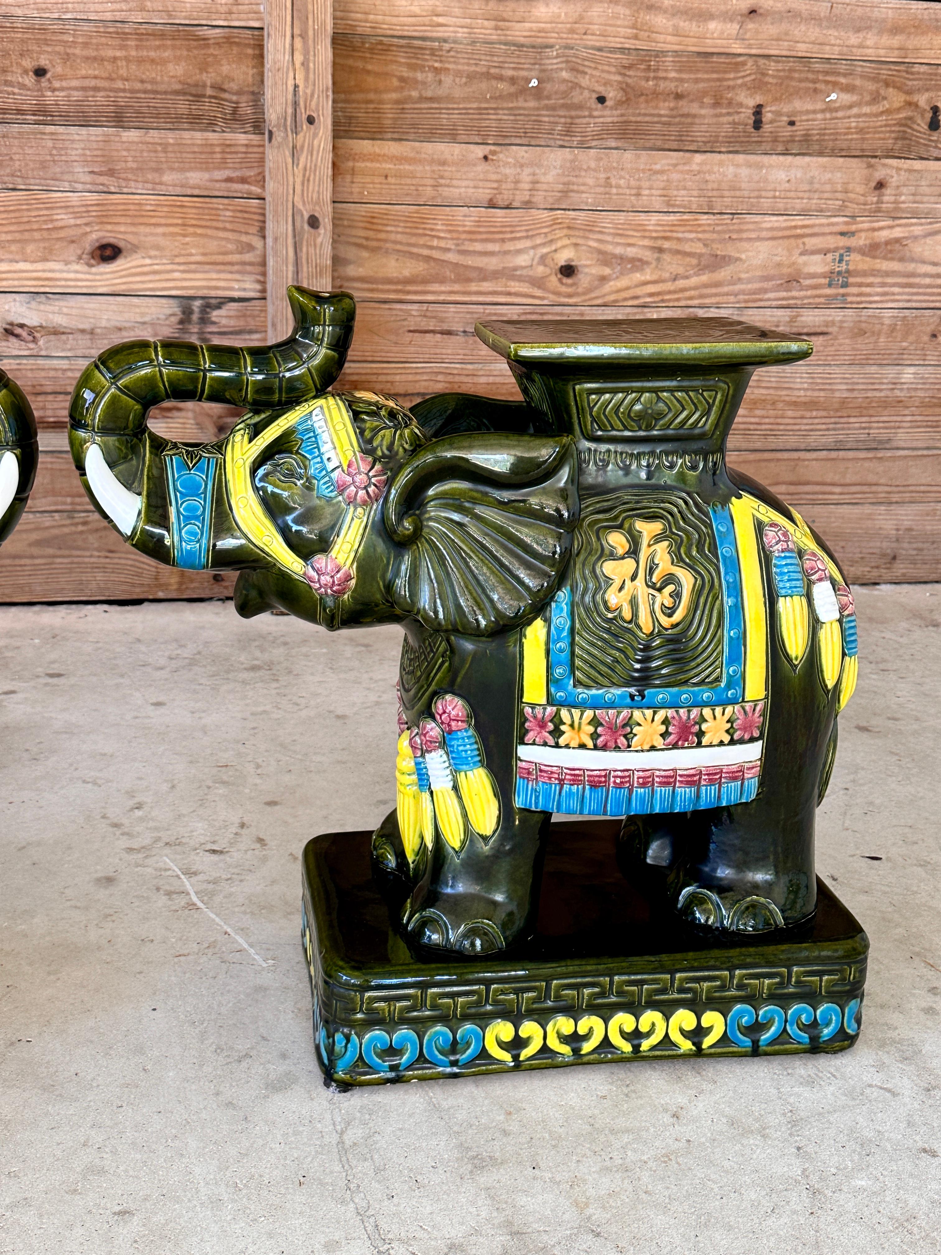 Ceramic Late 20th Century Chinoiserie Glazed Elephant Garden Seat Side Tables  Pair For Sale