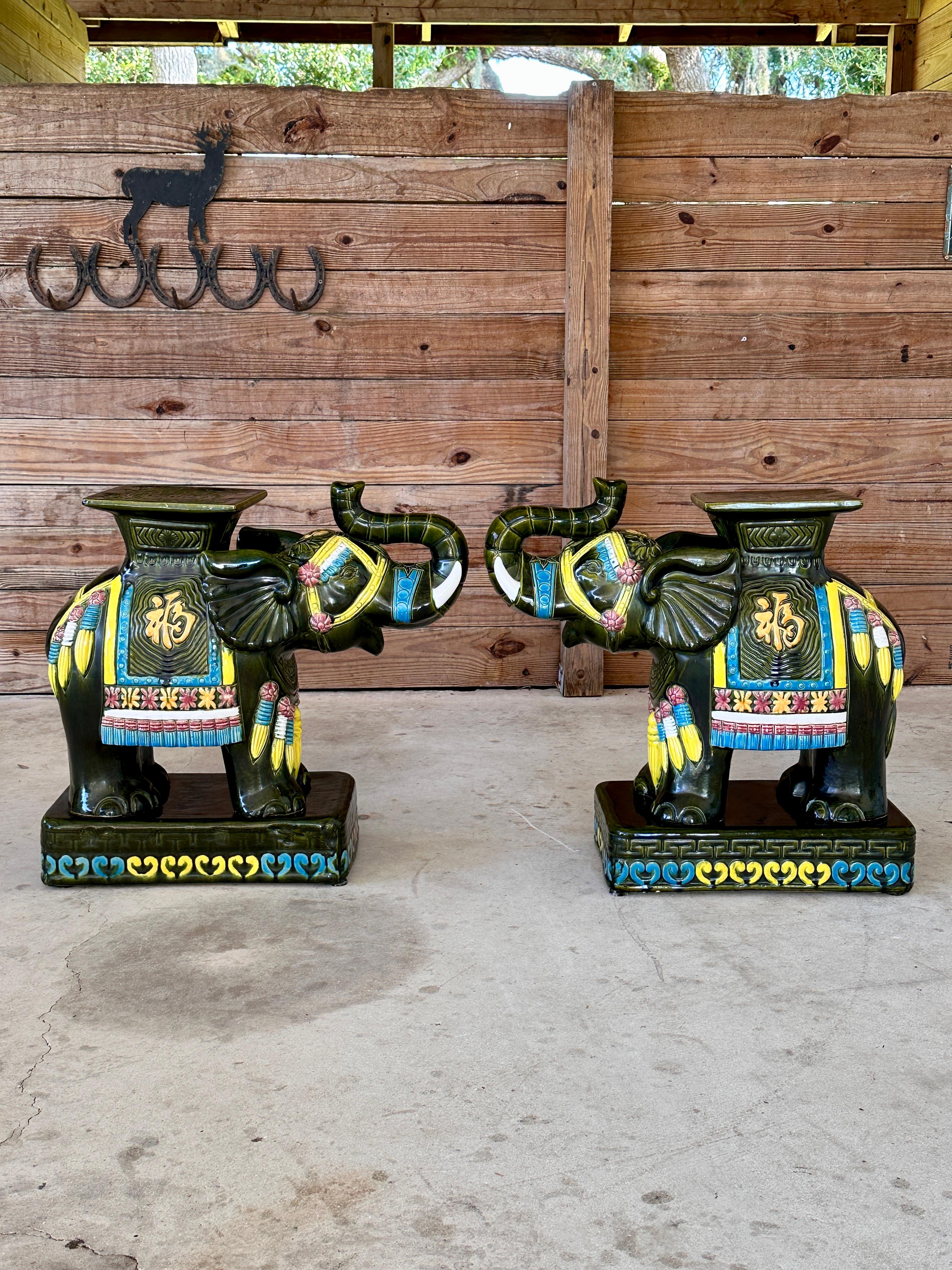 Late 20th Century Chinoiserie Glazed Elephant Garden Seat Side Tables  Pair For Sale 1