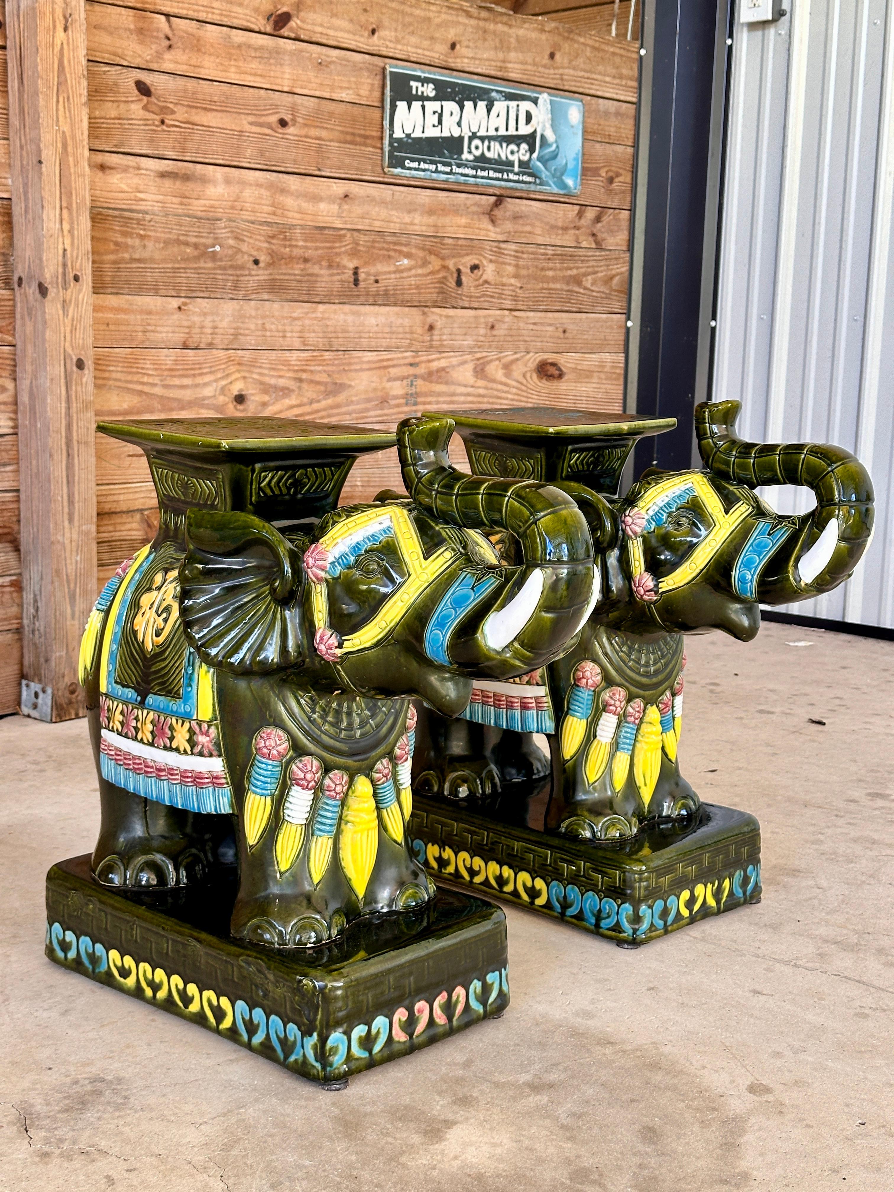 Late 20th Century Chinoiserie Glazed Elephant Garden Seat Side Tables  Pair For Sale 3