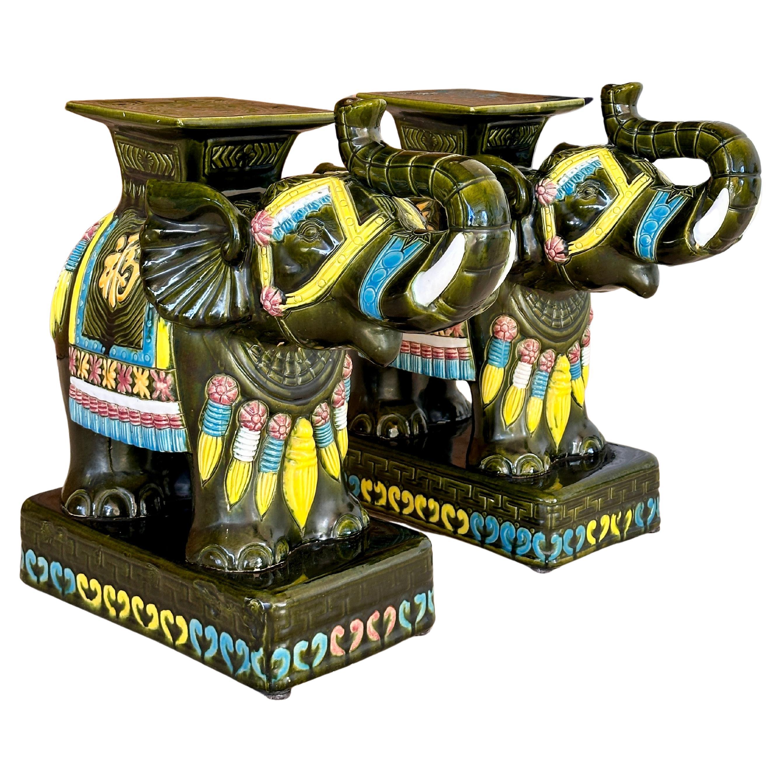 Late 20th Century Chinoiserie Glazed Elephant Garden Seat Side Tables  Pair For Sale