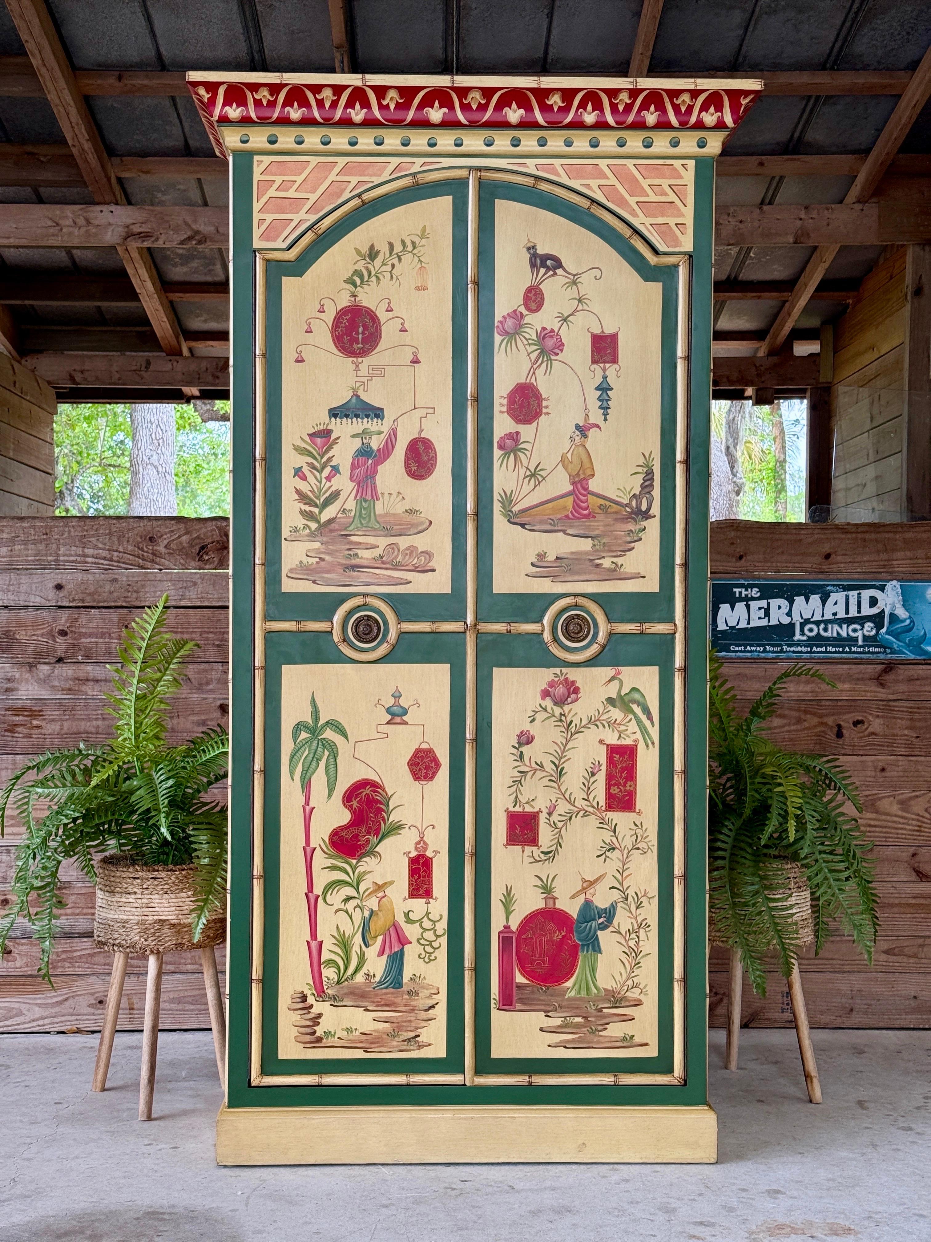 Late 20th Century Chinoiserie Hand-Painted Bamboo Motif Armoire Linen Press by C For Sale 8
