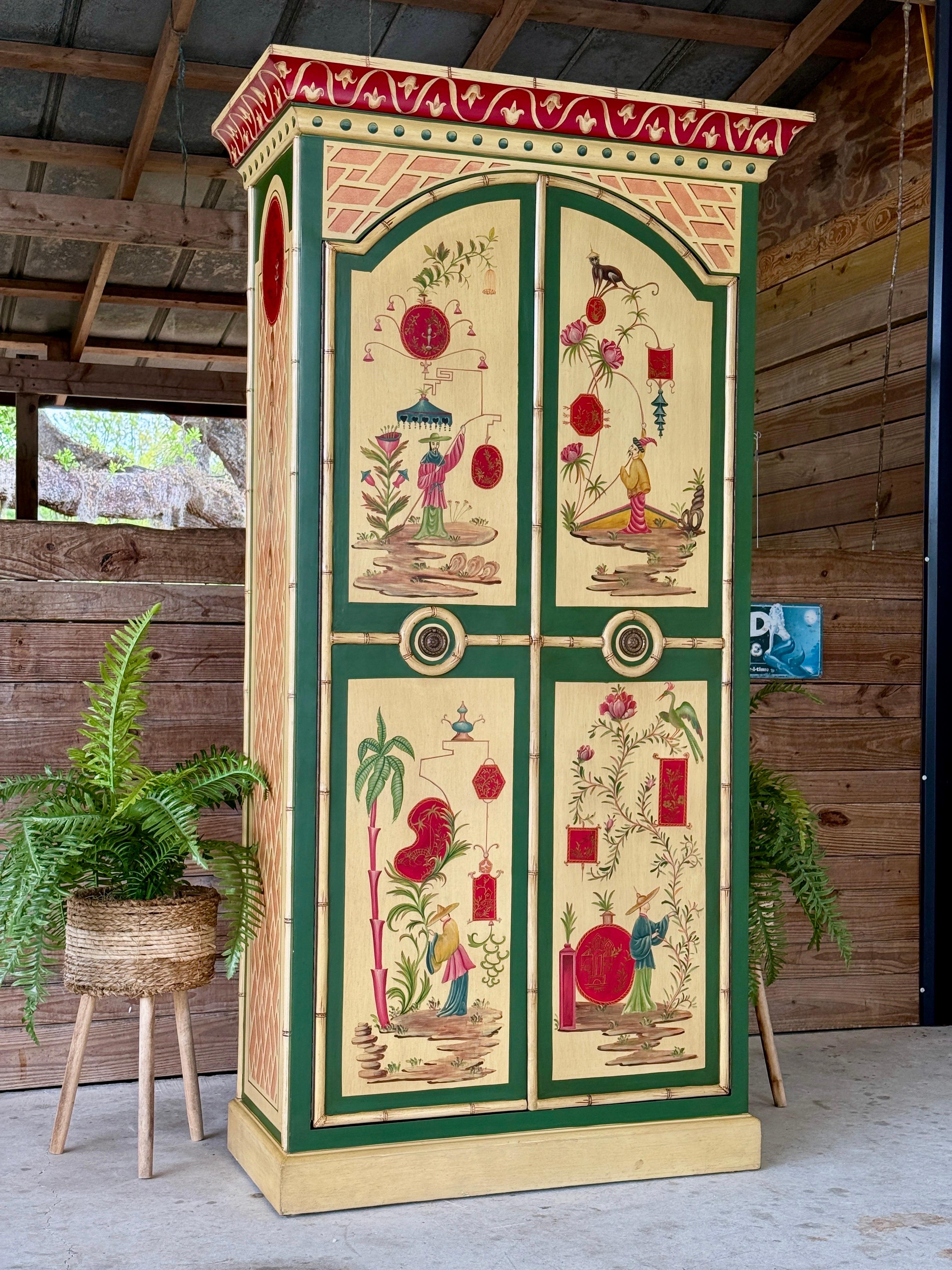 Late 20th Century Chinoiserie Hand-Painted Bamboo Motif Armoire Linen Press by C For Sale 9