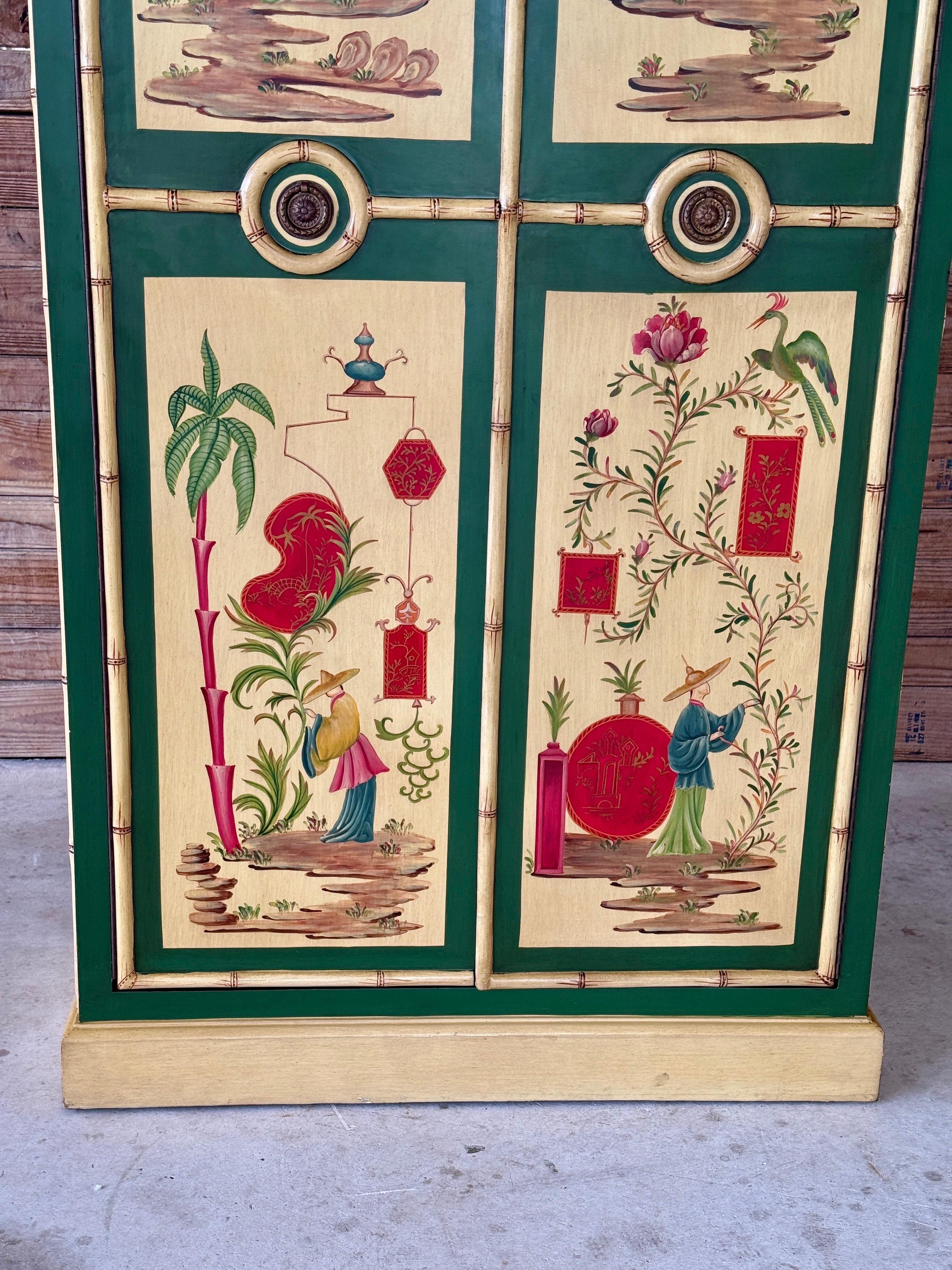 Late 20th Century Chinoiserie Hand-Painted Bamboo Motif Armoire Linen Press by C In Good Condition For Sale In North Fort Myers, FL