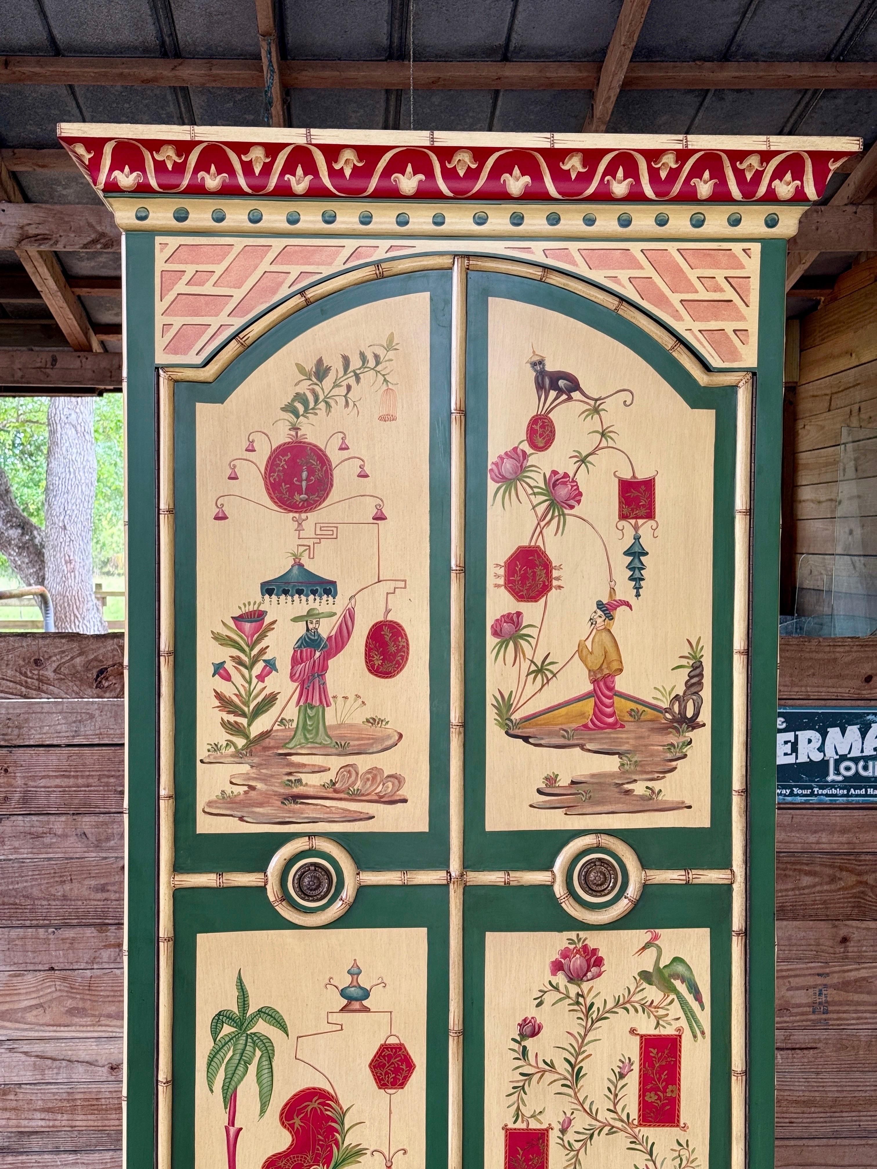 Rattan Late 20th Century Chinoiserie Hand-Painted Bamboo Motif Armoire Linen Press by C For Sale