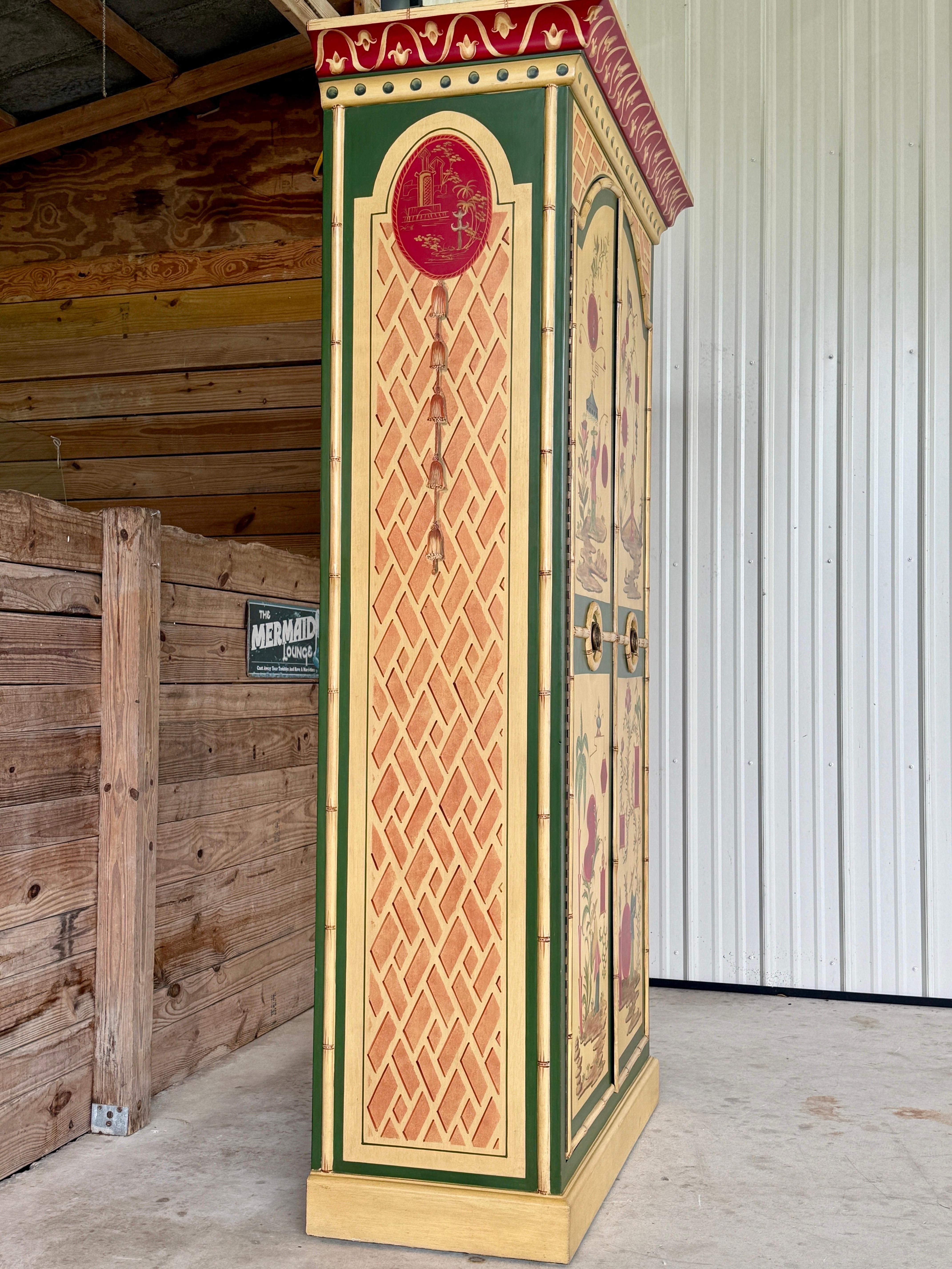 Late 20th Century Chinoiserie Hand-Painted Bamboo Motif Armoire Linen Press by C For Sale 1