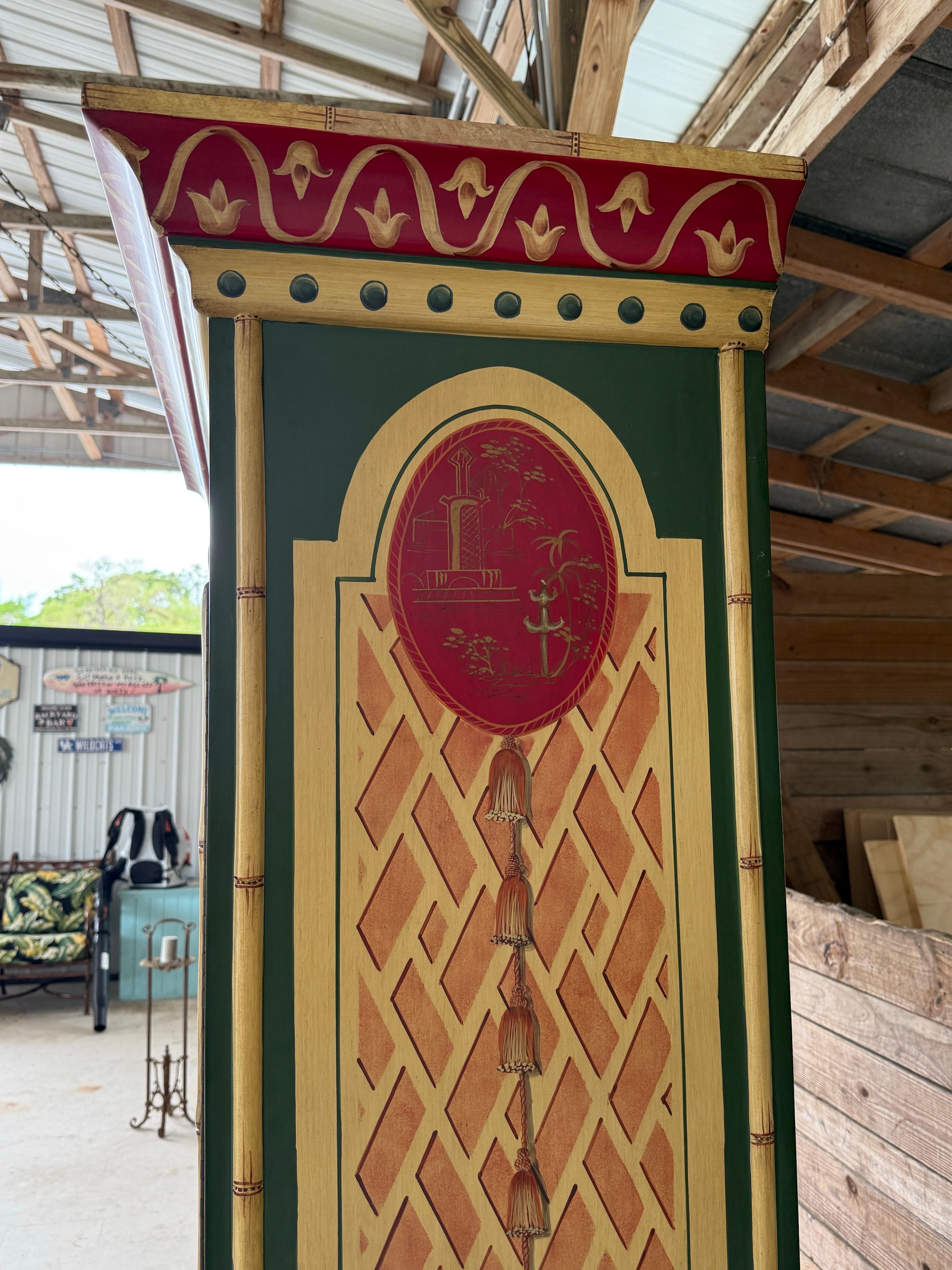 Late 20th Century Chinoiserie Hand-Painted Bamboo Motif Armoire Linen Press by C For Sale 2