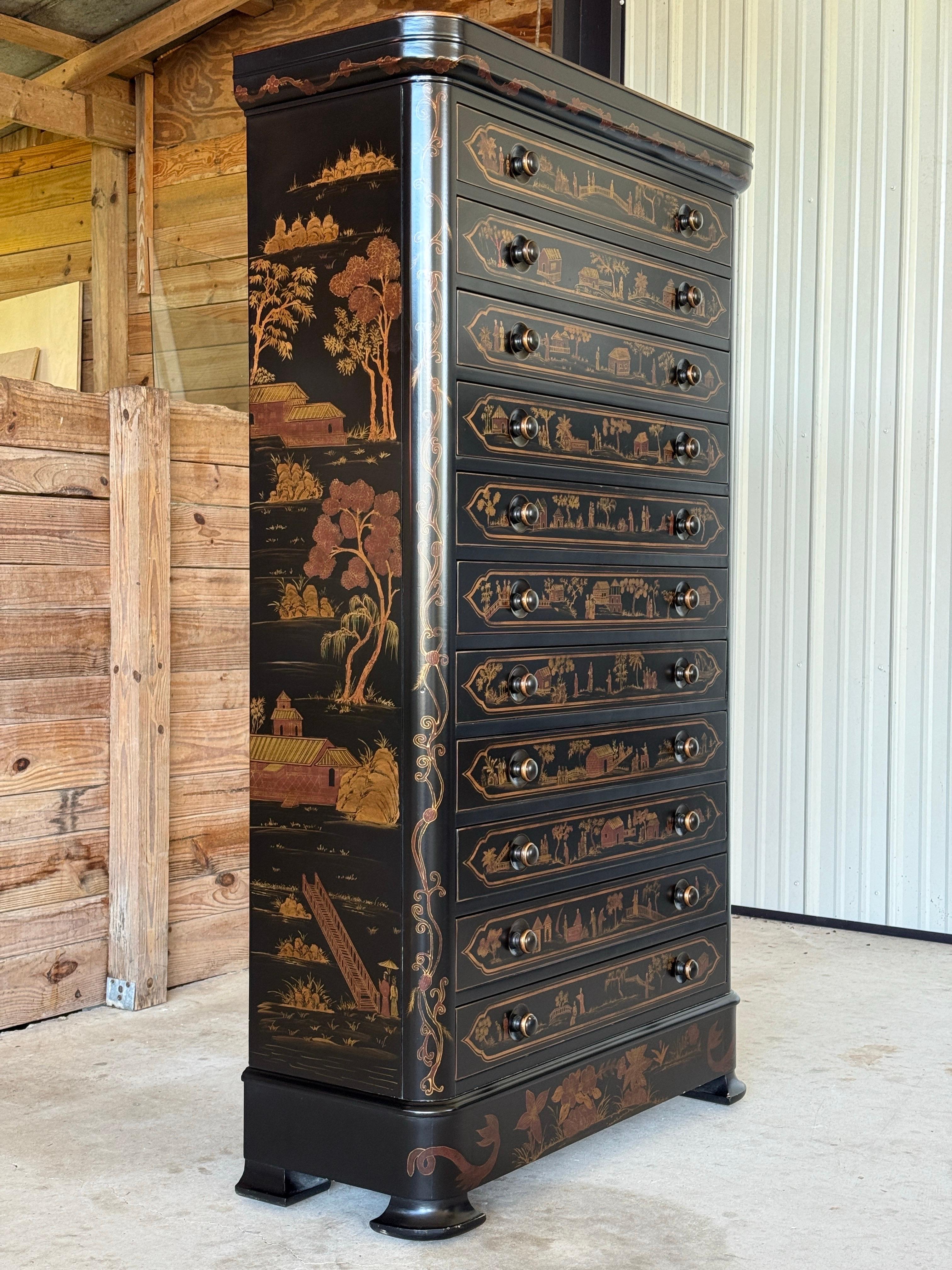 Late 20th Century Chinoiserie Hand-Painted Black Lacquer Tall Chest For Sale 9