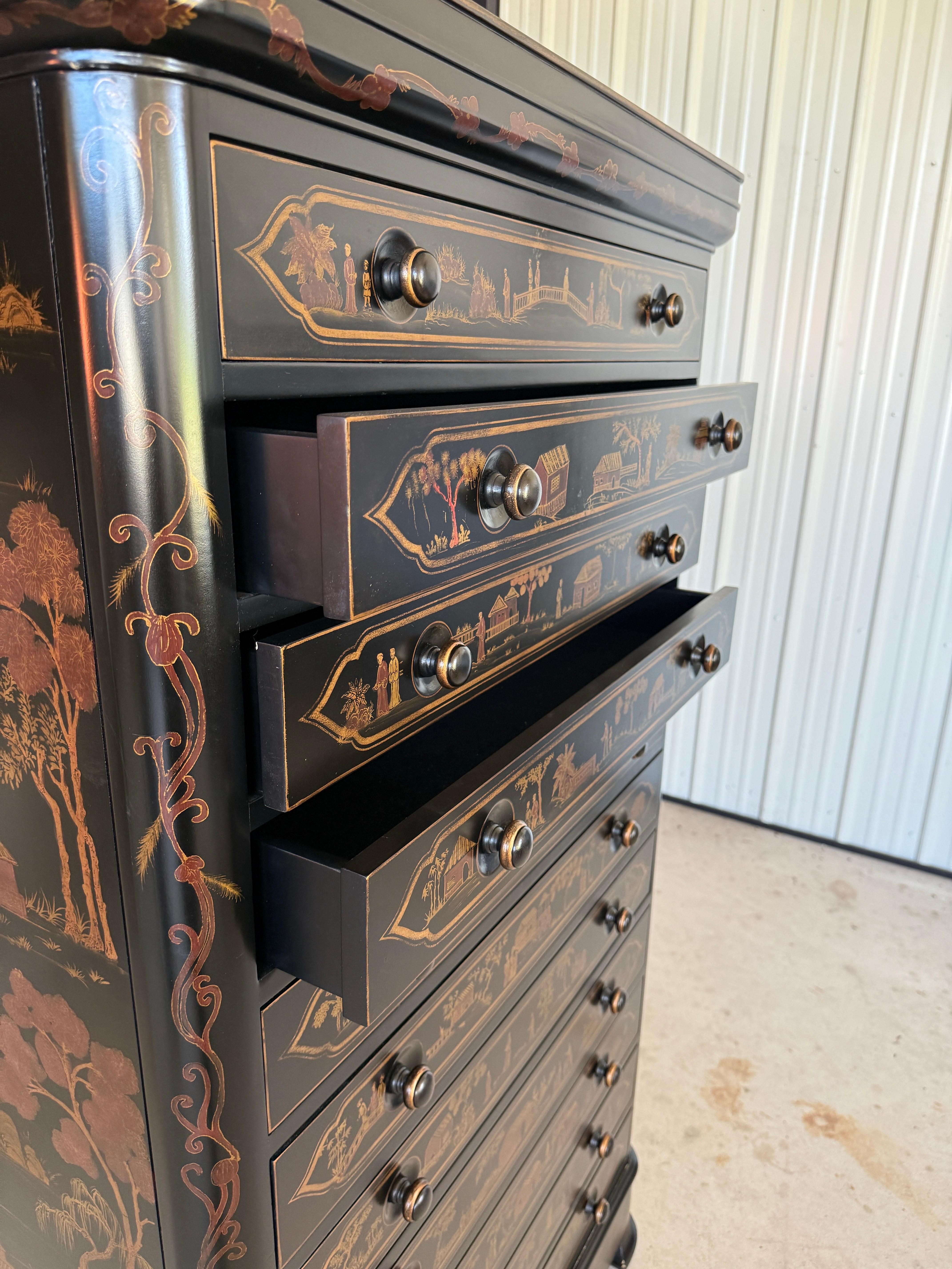 Late 20th Century Chinoiserie Hand-Painted Black Lacquer Tall Chest For Sale 11