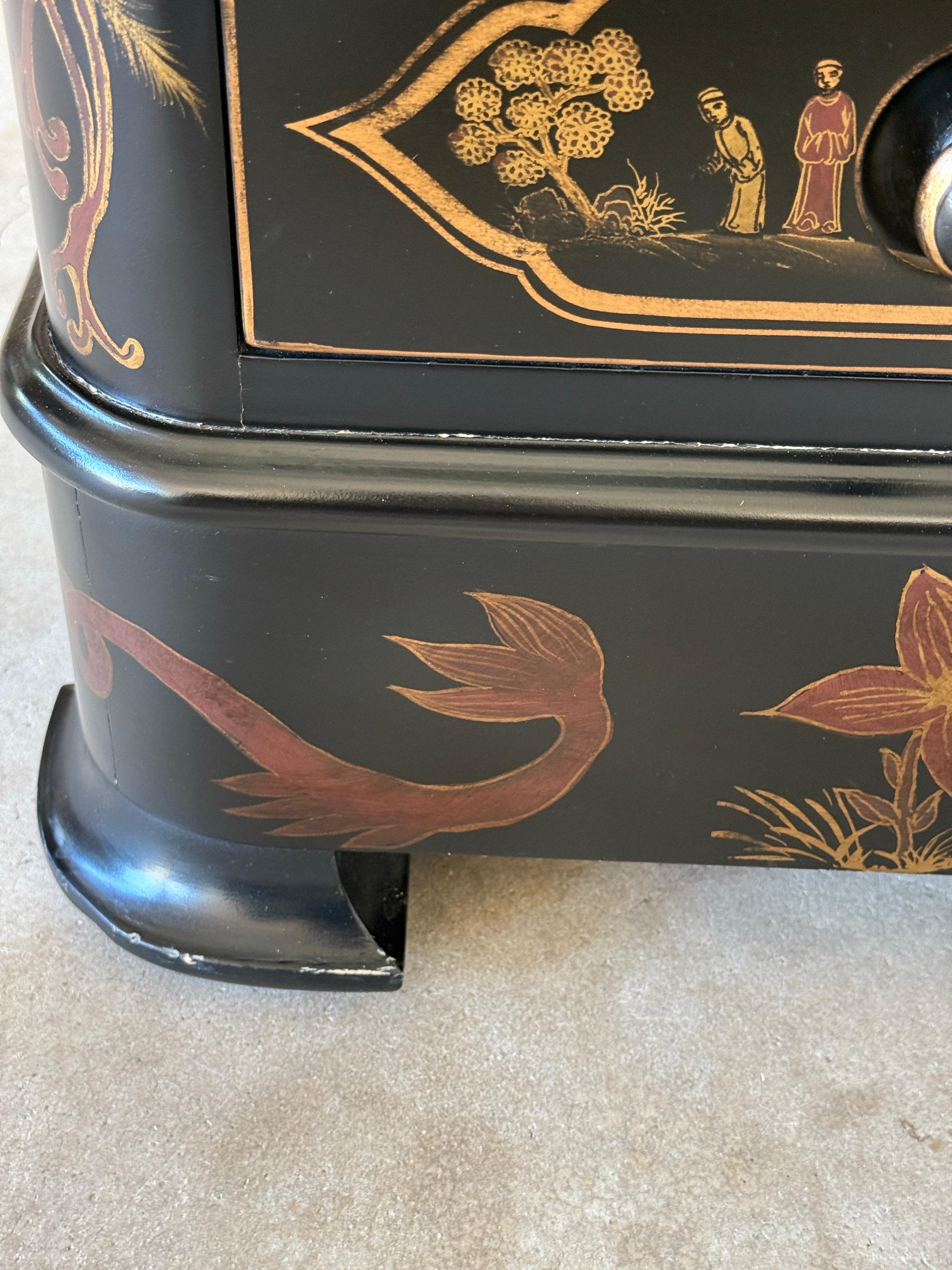 Wood Late 20th Century Chinoiserie Hand-Painted Black Lacquer Tall Chest For Sale