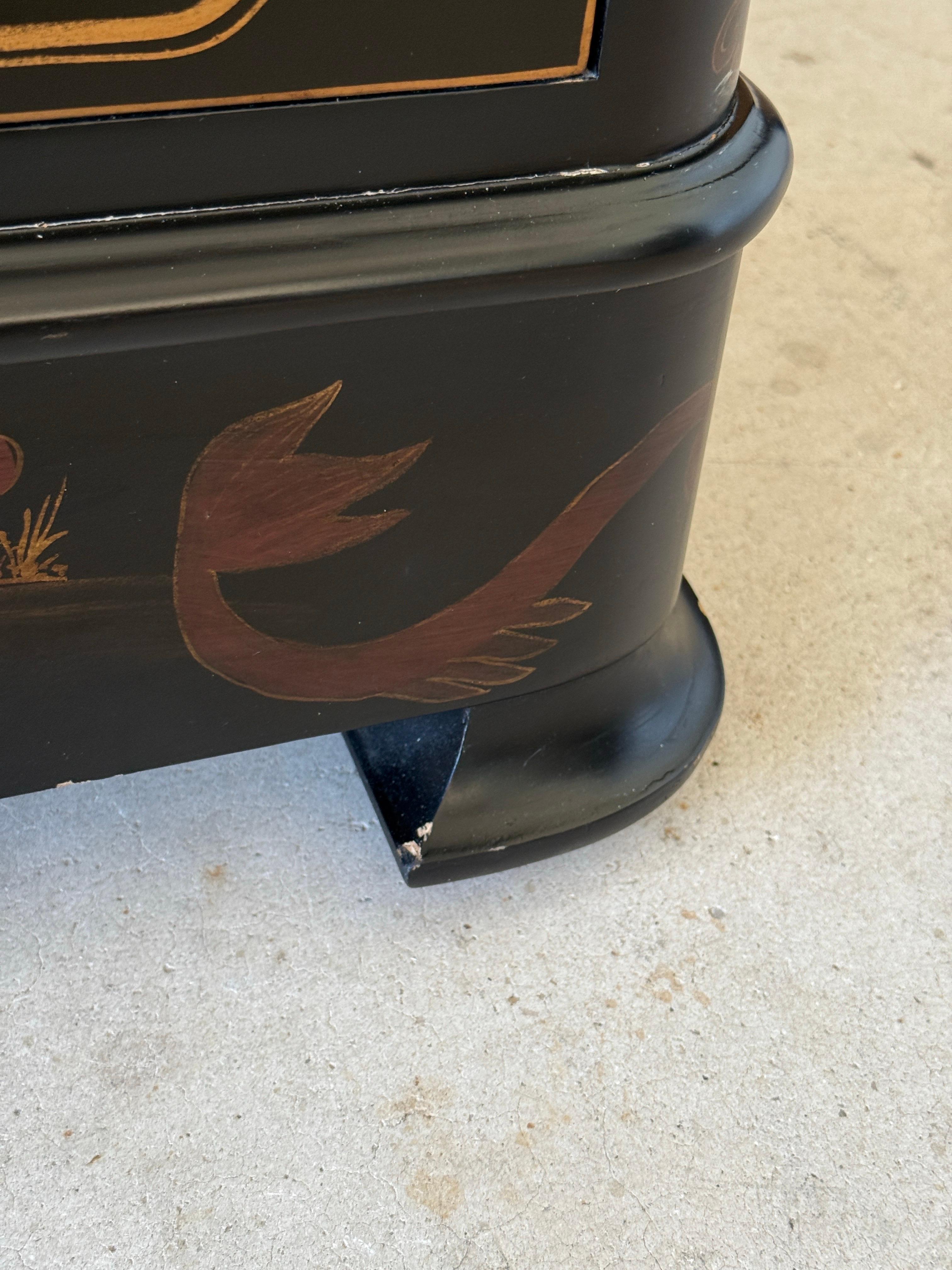 Late 20th Century Chinoiserie Hand-Painted Black Lacquer Tall Chest For Sale 1
