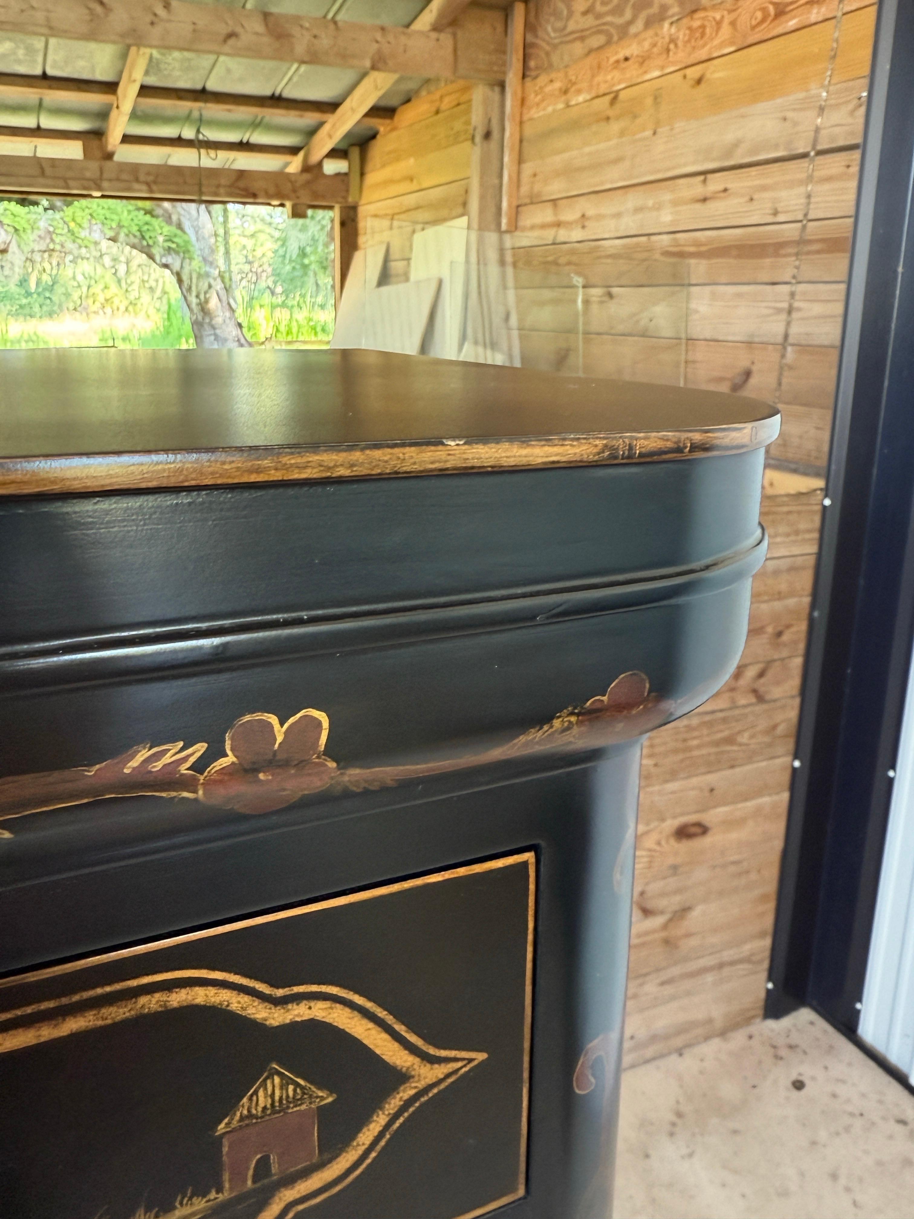 Late 20th Century Chinoiserie Hand-Painted Black Lacquer Tall Chest For Sale 2