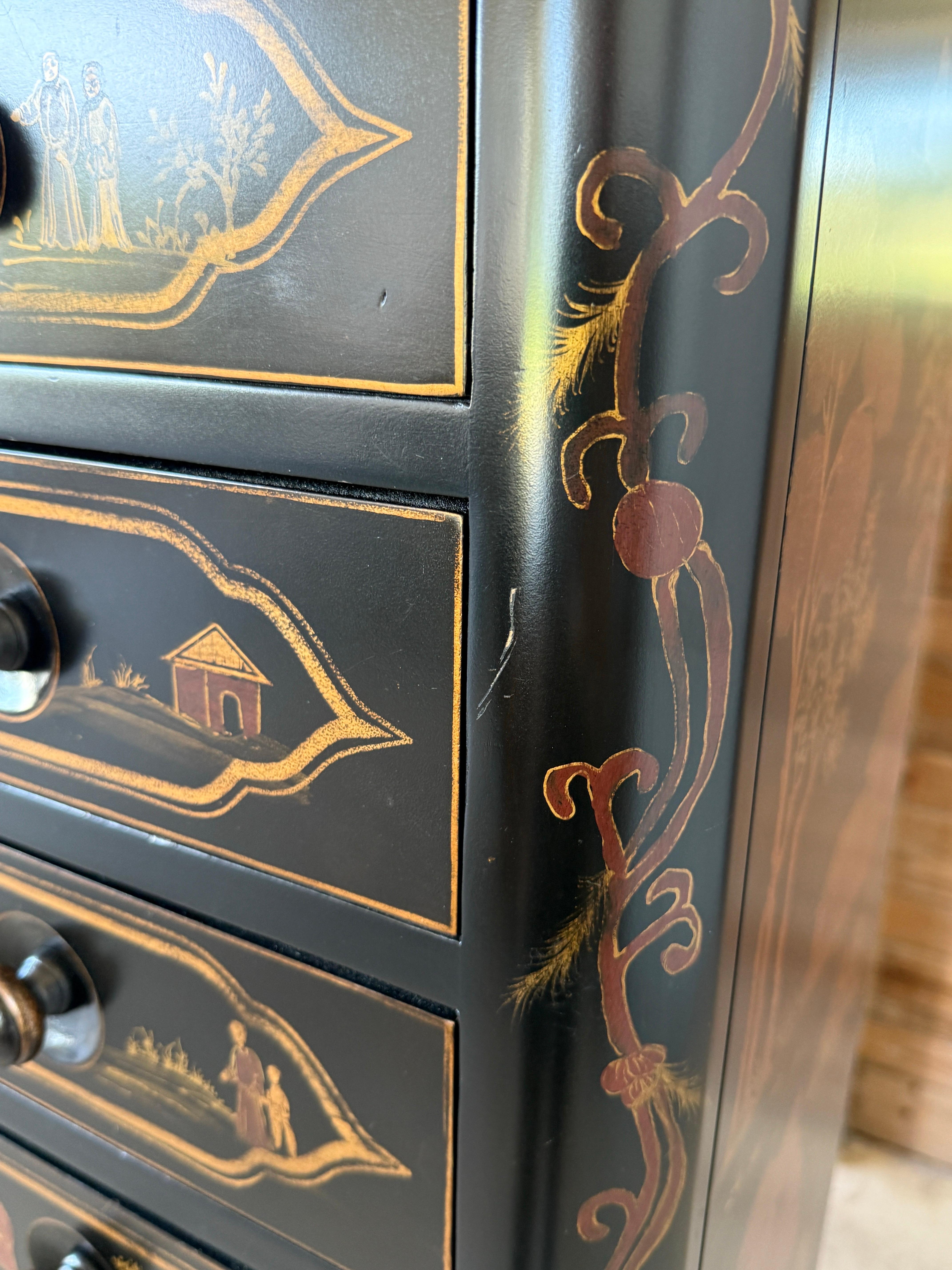 Late 20th Century Chinoiserie Hand-Painted Black Lacquer Tall Chest For Sale 3