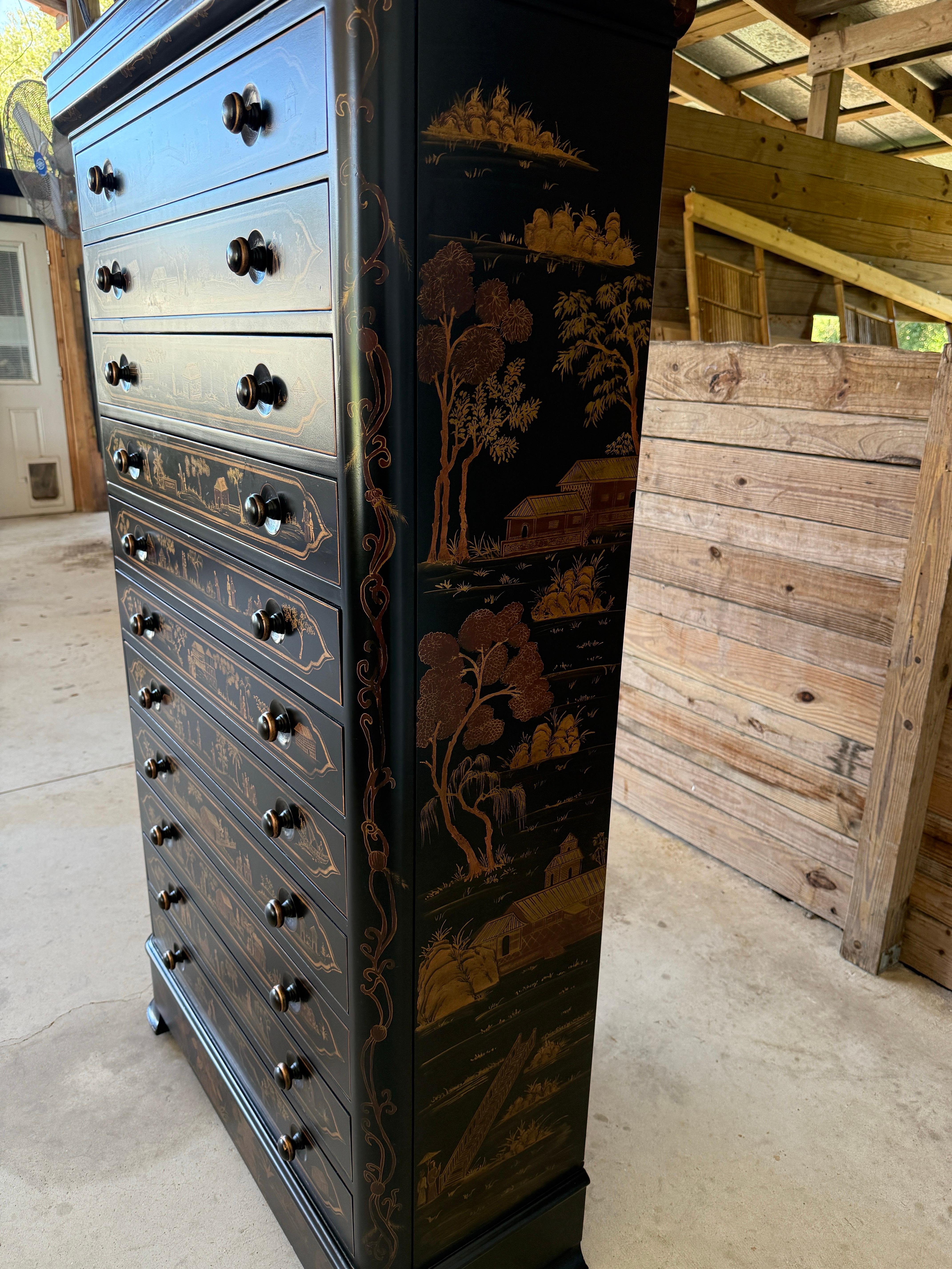 Late 20th Century Chinoiserie Hand-Painted Black Lacquer Tall Chest For Sale 4