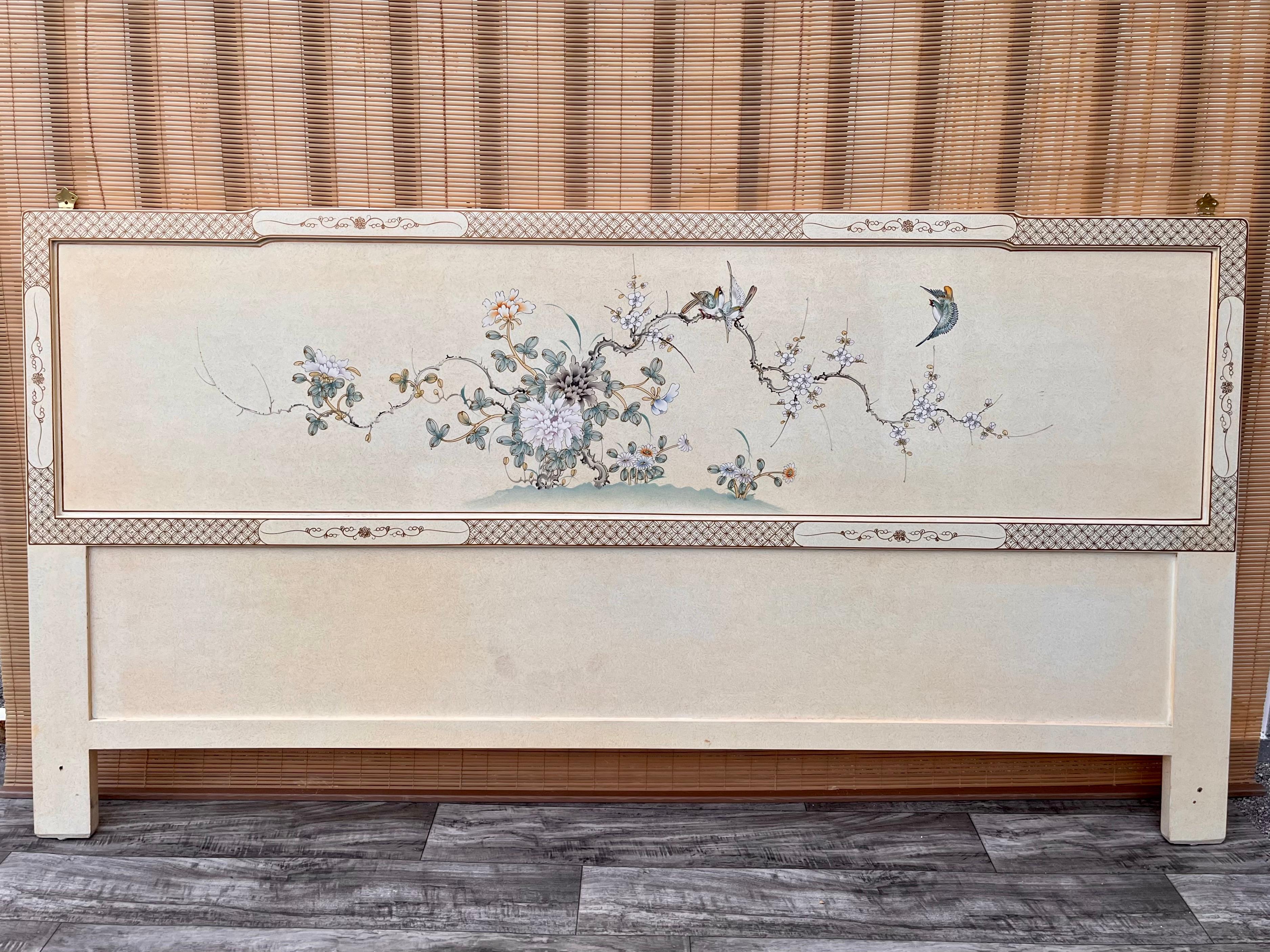 Chinese Late 20th Century Chinoiserie Lacquer King Size Headboard