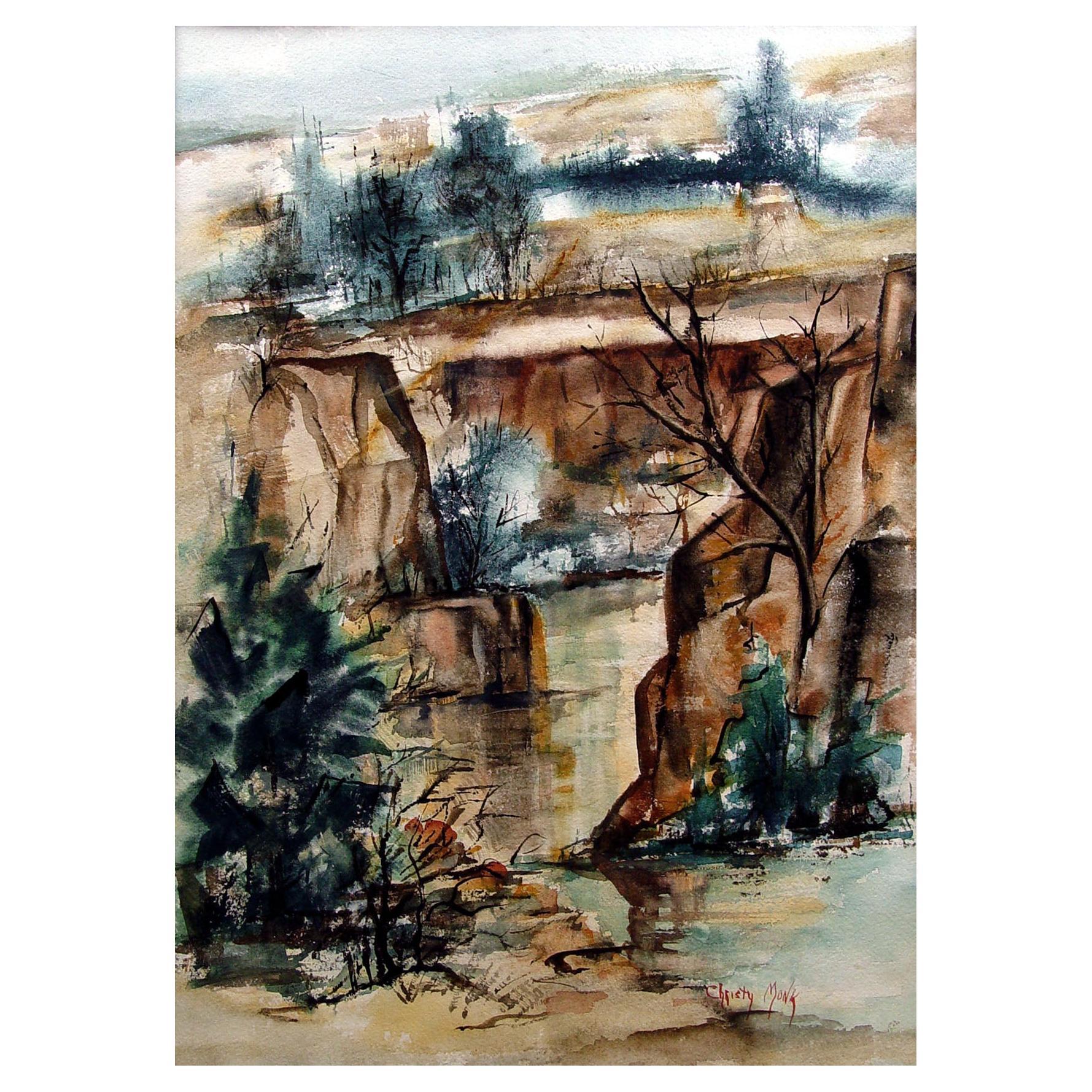 Late 20th Century Christy Monk Quartet Falls Idaho Landscape Watercolor Painting For Sale