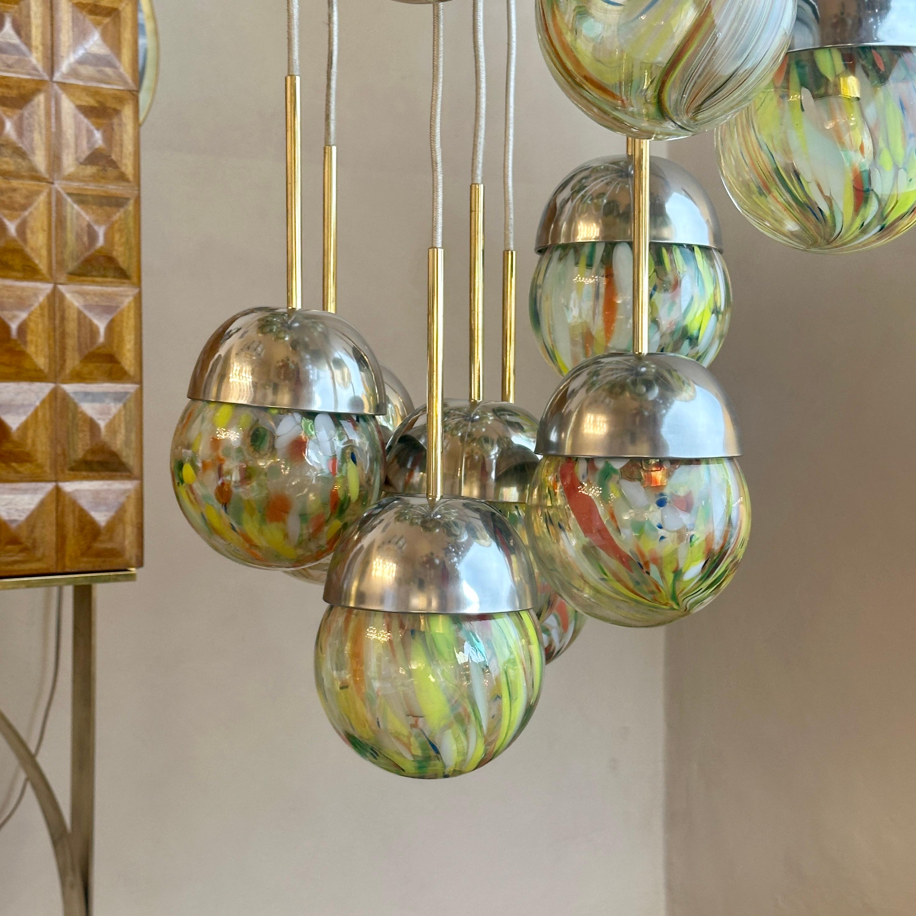 Late 20th Century Chrome, Brushed Steel, Brass & Murano Glass Cascade Chandelier For Sale 8