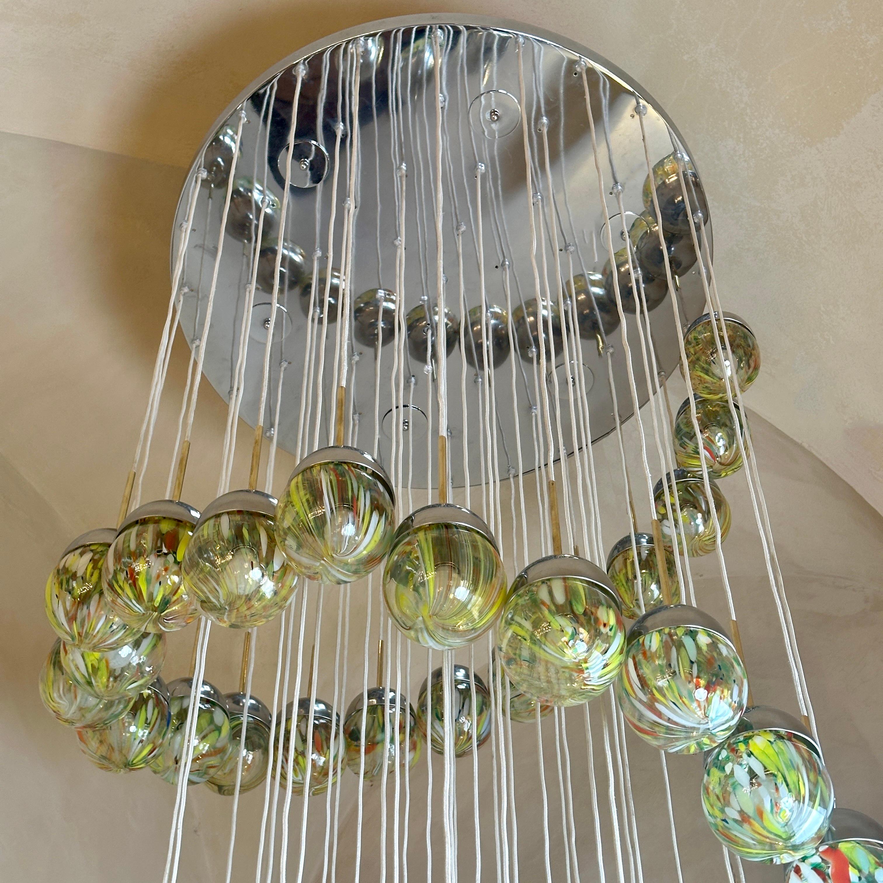 Late 20th Century Chrome, Brushed Steel, Brass & Murano Glass Cascade Chandelier For Sale 1