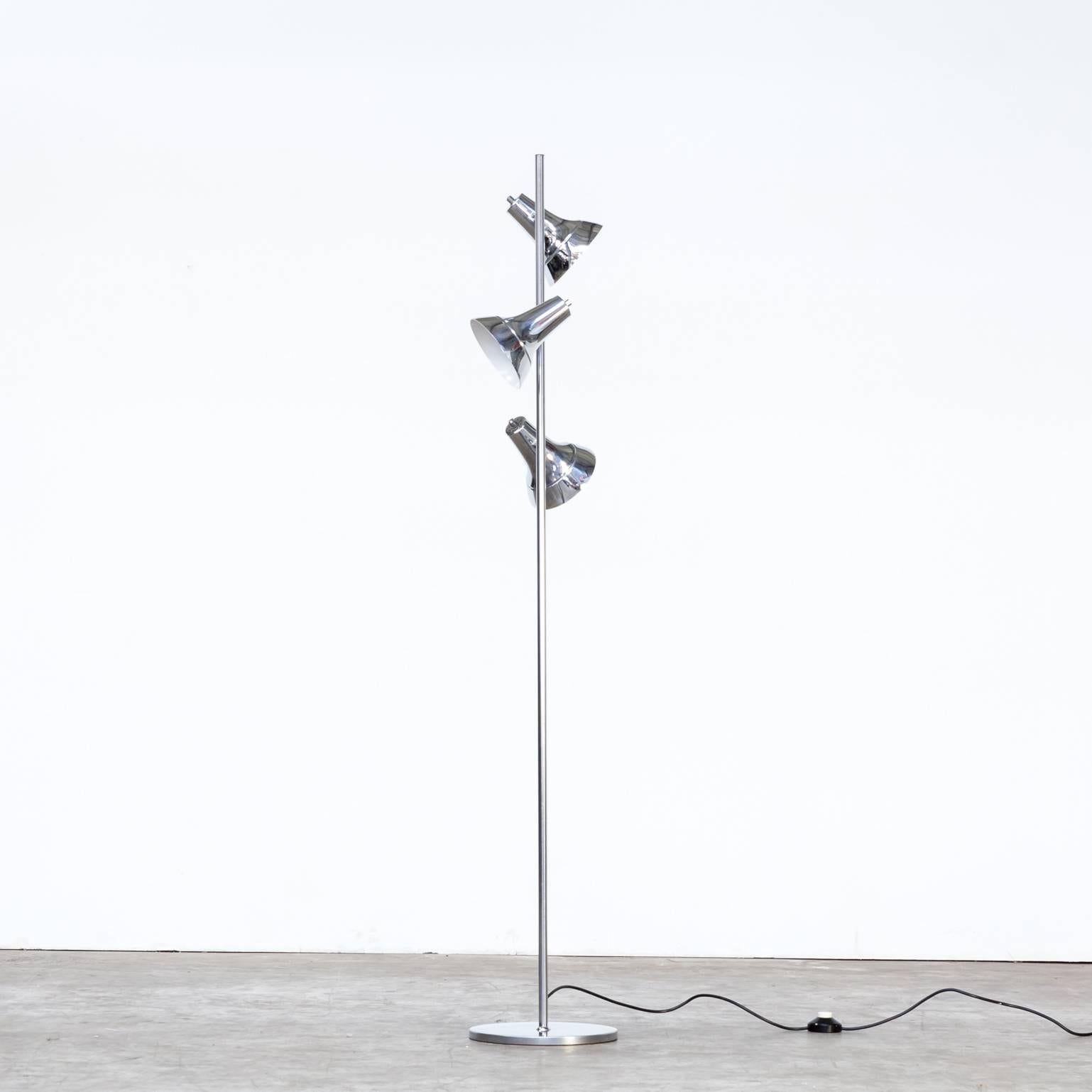 Late 20th century chrome floor lamp, three spots. Good condition consistent with age and use.