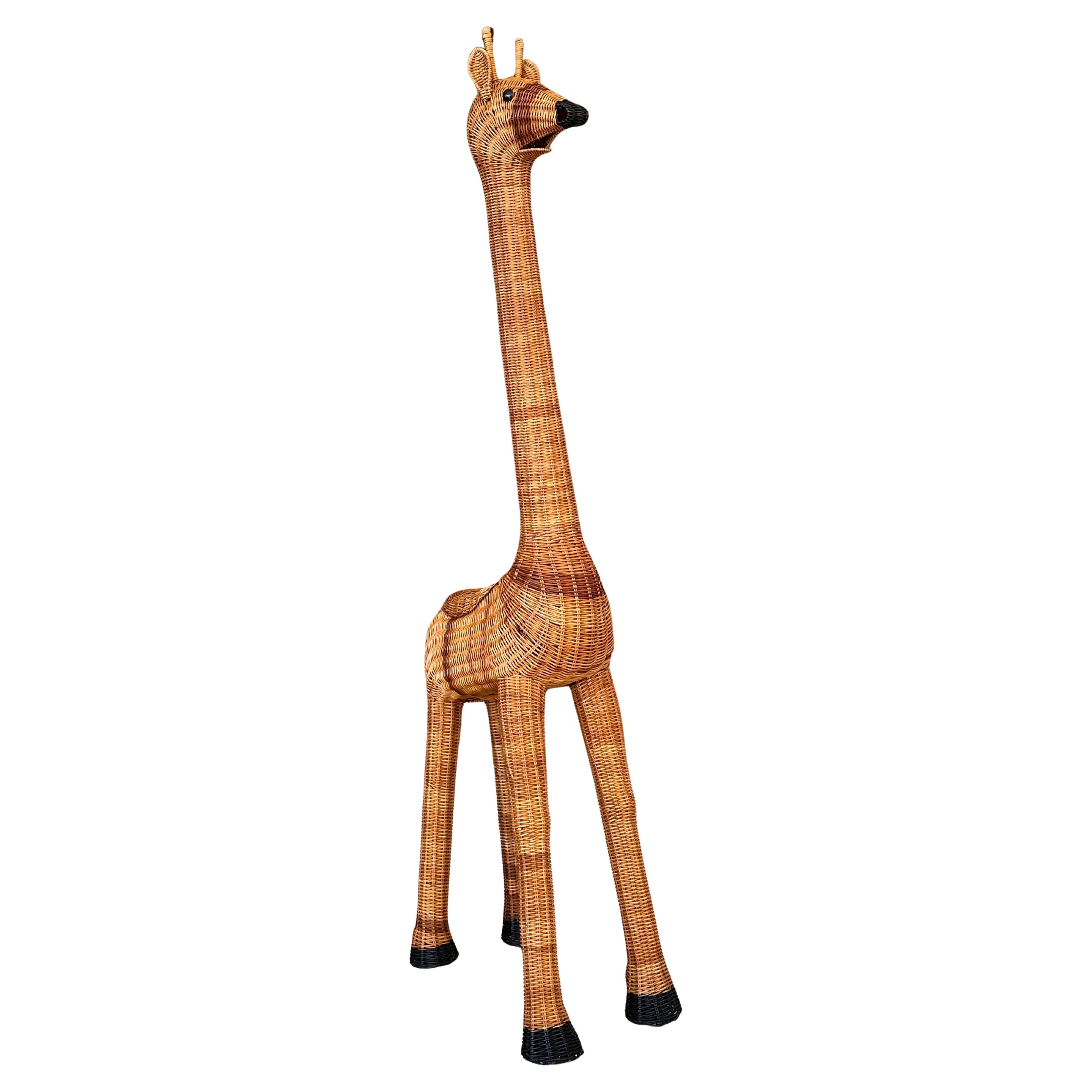 Late 20th Century Coastal Boho Tall Rattan Giraffe Planter Decoratize