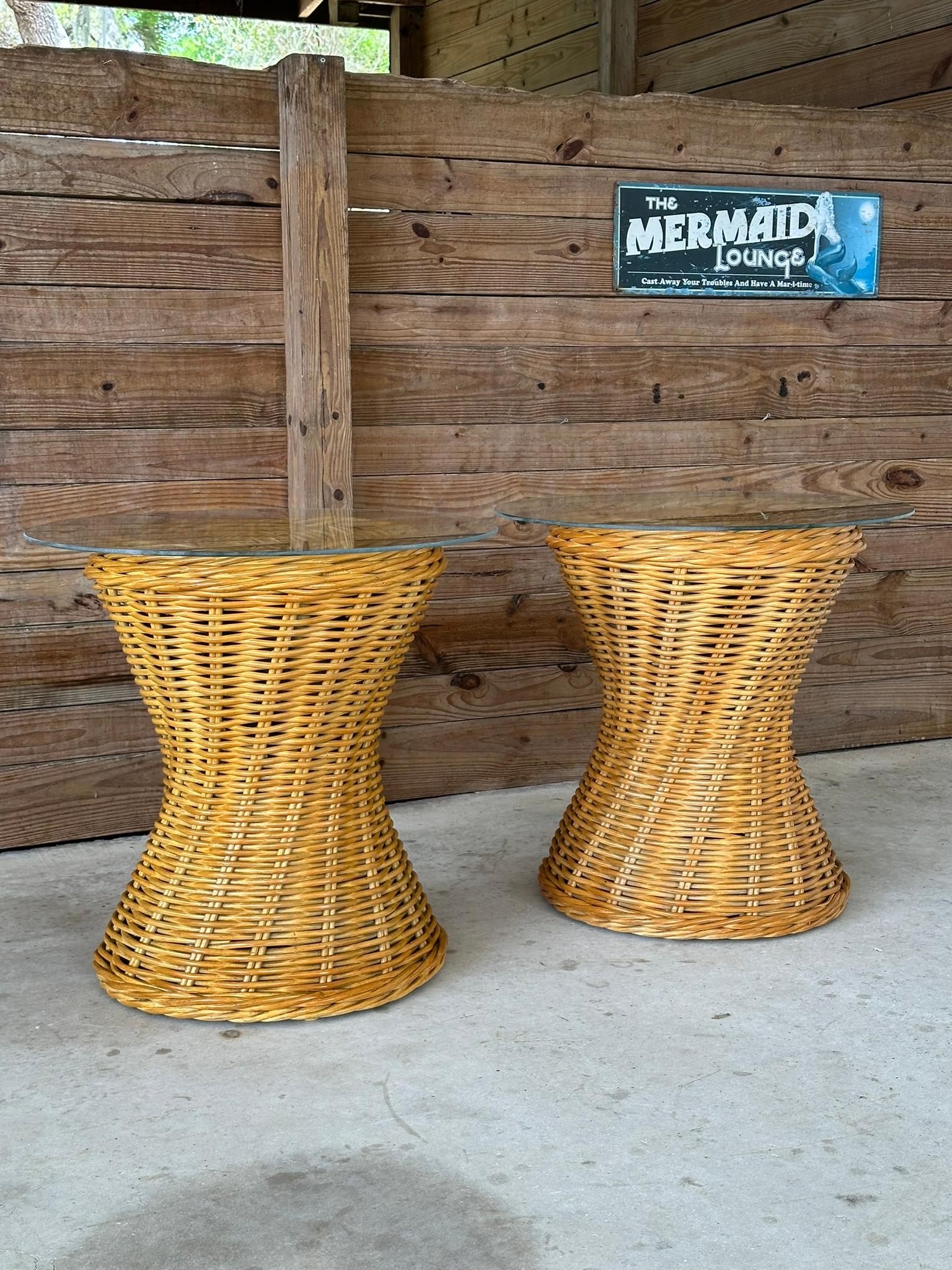 Bohemian Late 20th Century Coastal Rattan Braid Hourglass Side Tables-Pair