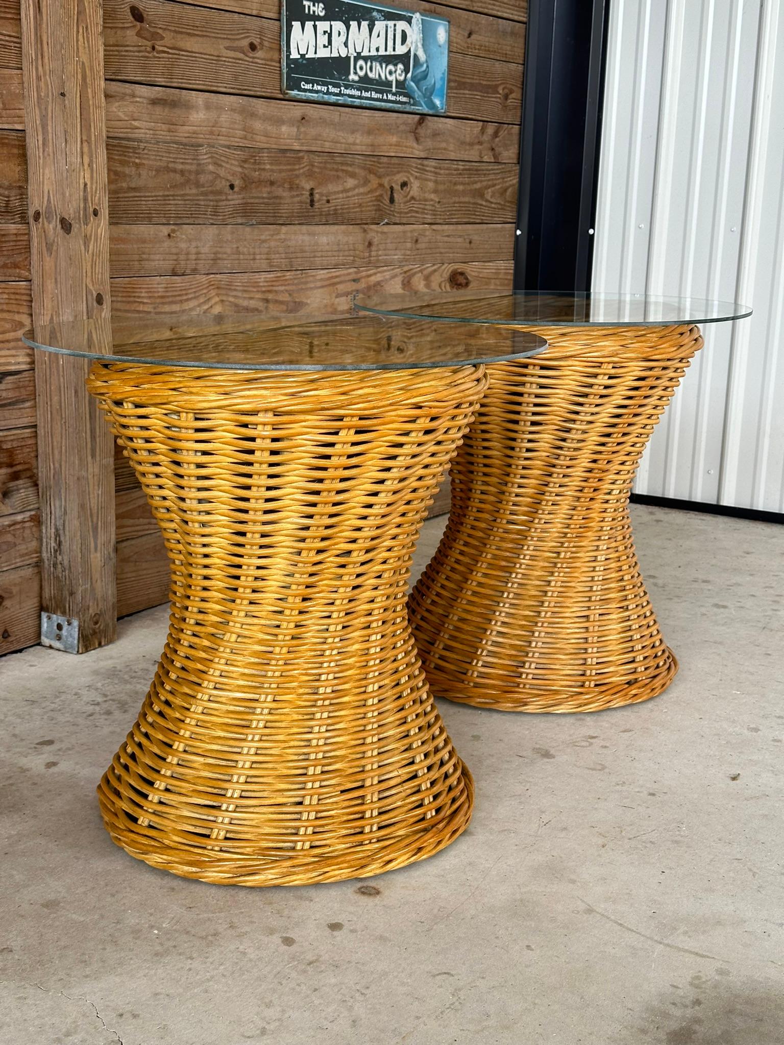 Hand-Crafted Late 20th Century Coastal Rattan Braid Hourglass Side Tables-Pair
