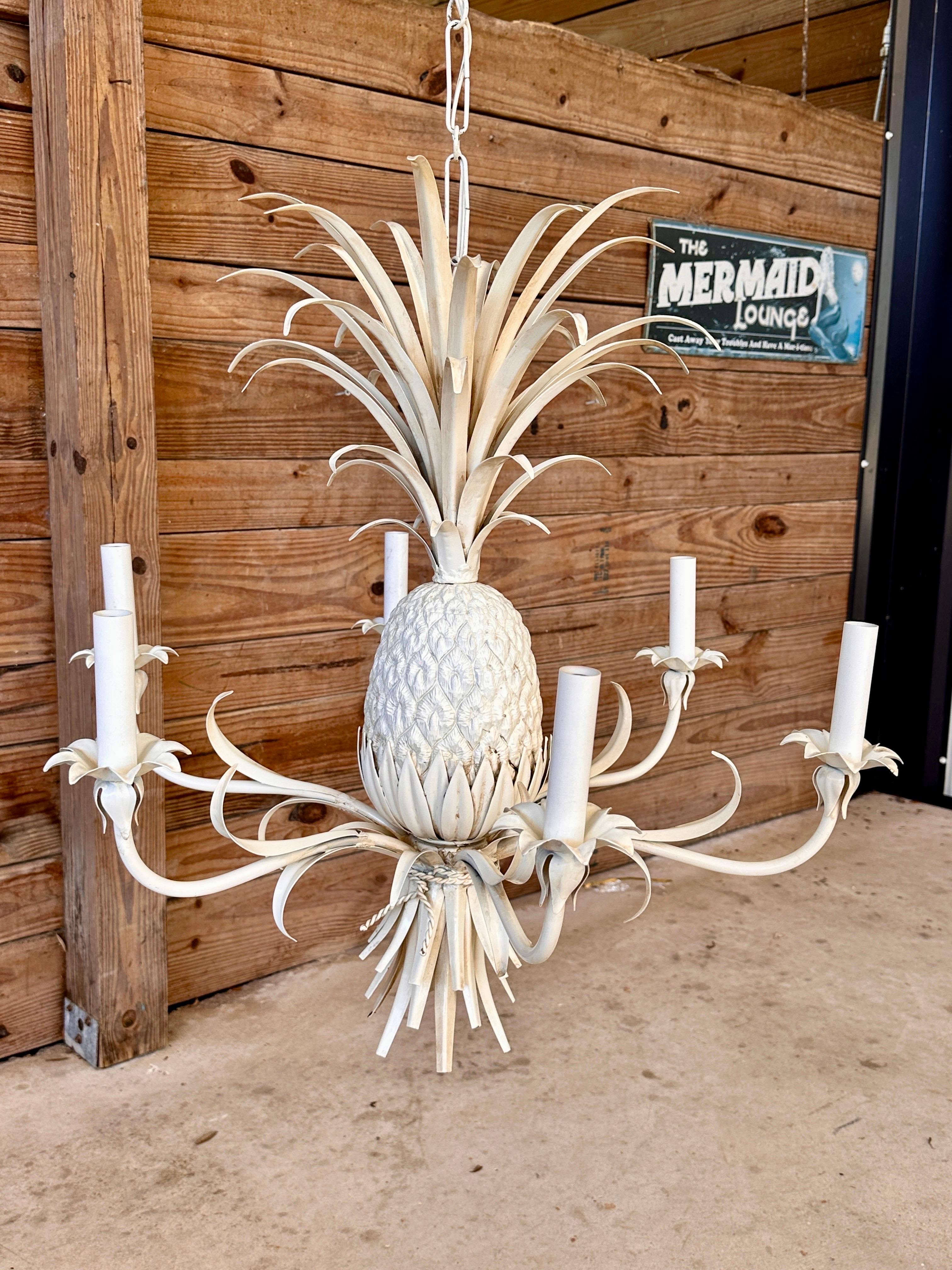 Late 20th Century Coastal Regency Metal Tole Pineapple Chandelier 1