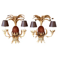 Late 20th Century coastal Regency Metal Tole Pineapple Wall Sconce Lamps, Pair