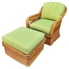 Late 20th Century Coastal Style Braided Rattan Lounge Chair and Ottoman Set