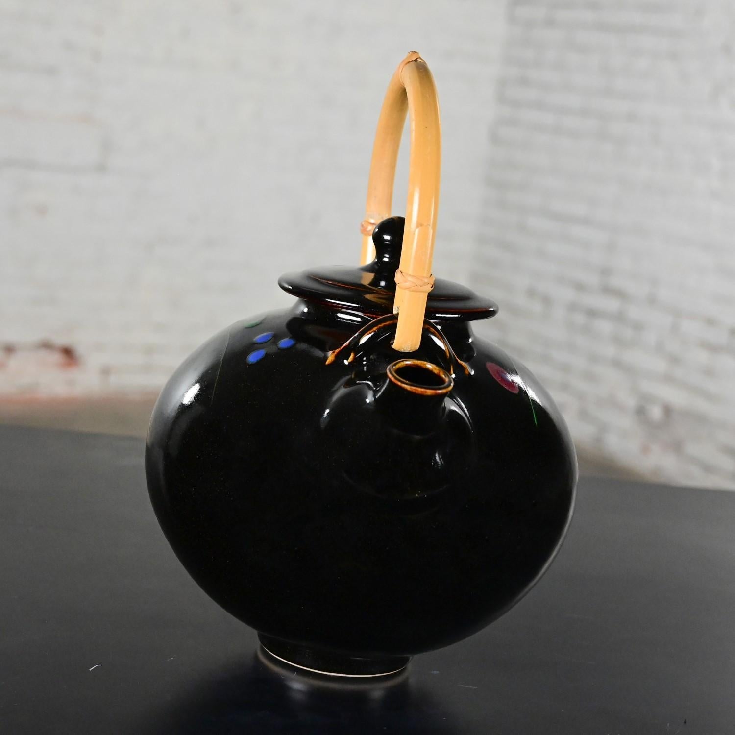 Late 20th Century Contemporary Asian Dark Brown Glazed Ceramic Teapot Rattan Hdl For Sale 5