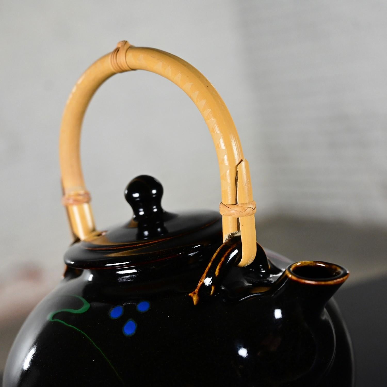 Late 20th Century Contemporary Asian Dark Brown Glazed Ceramic Teapot Rattan Hdl For Sale 6