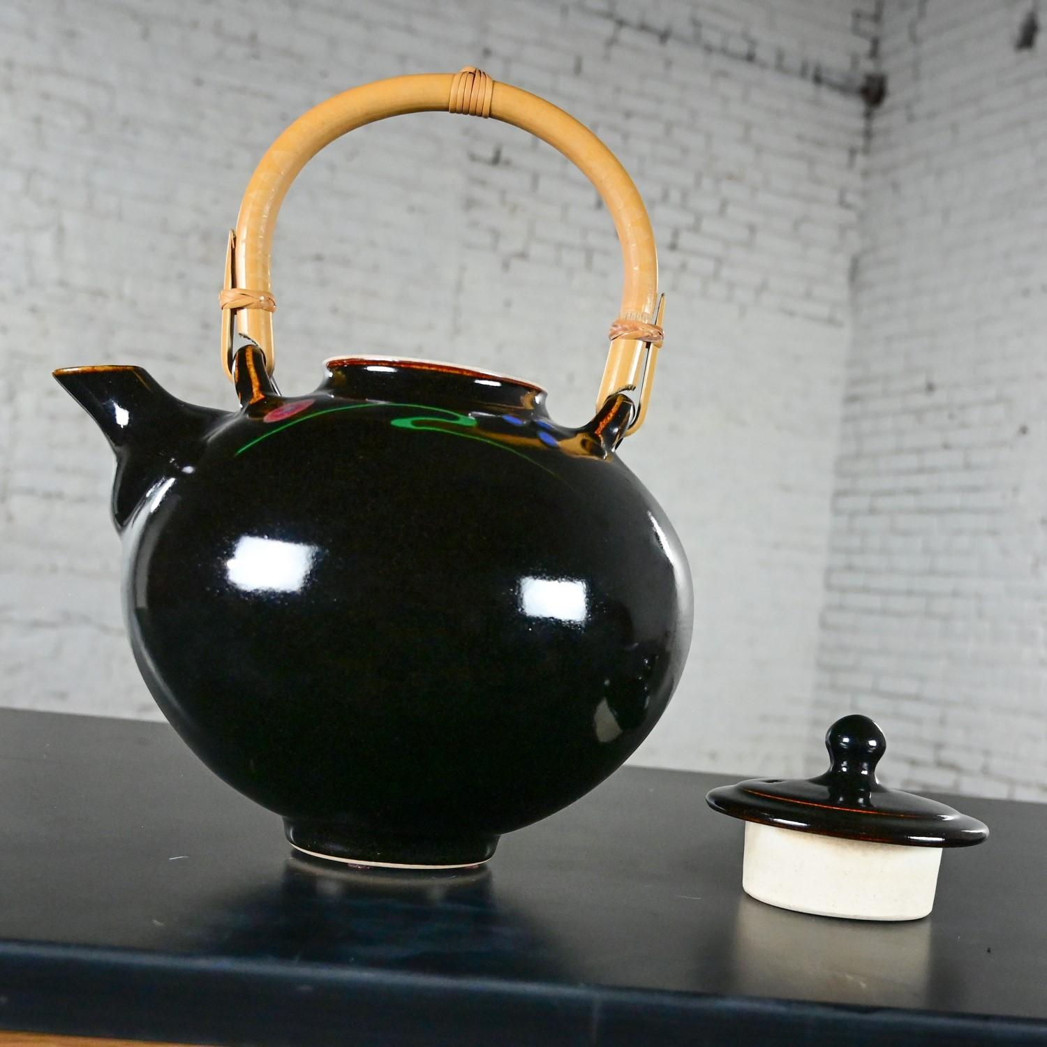 Late 20th Century Contemporary Asian Dark Brown Glazed Ceramic Teapot Rattan Hdl For Sale 10