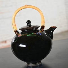Late 20th Century Contemporary Asian Dark Brown Glazed Ceramic Teapot Rattan Hdl