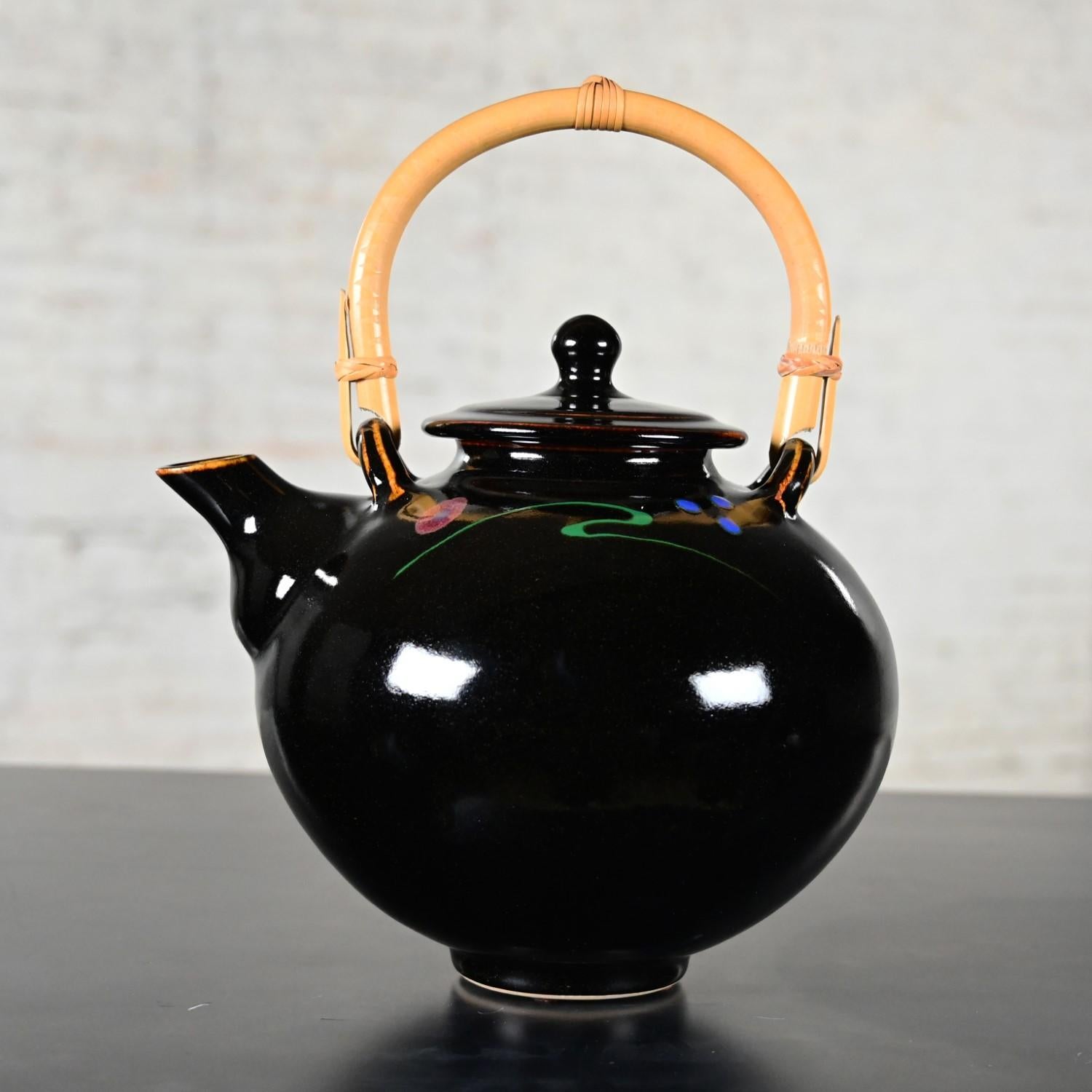Late 20th Century Contemporary Asian Dark Brown Glazed Ceramic Teapot Rattan Hdl In Good Condition For Sale In Topeka, KS